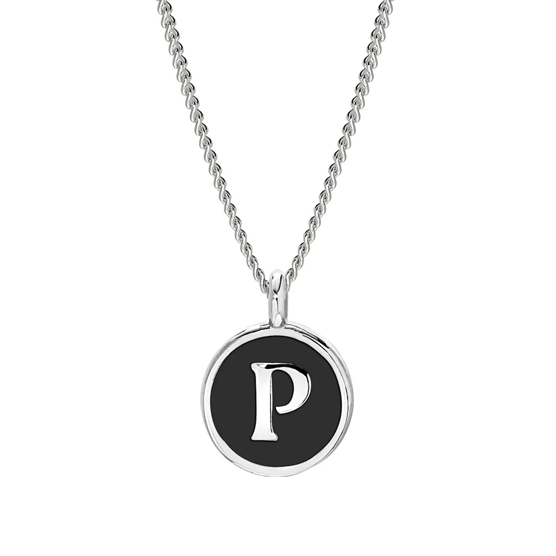 Rhodium Finish Sterling Silver Black Enamel Initial Necklace on 18 Inch Curb Chain - P
