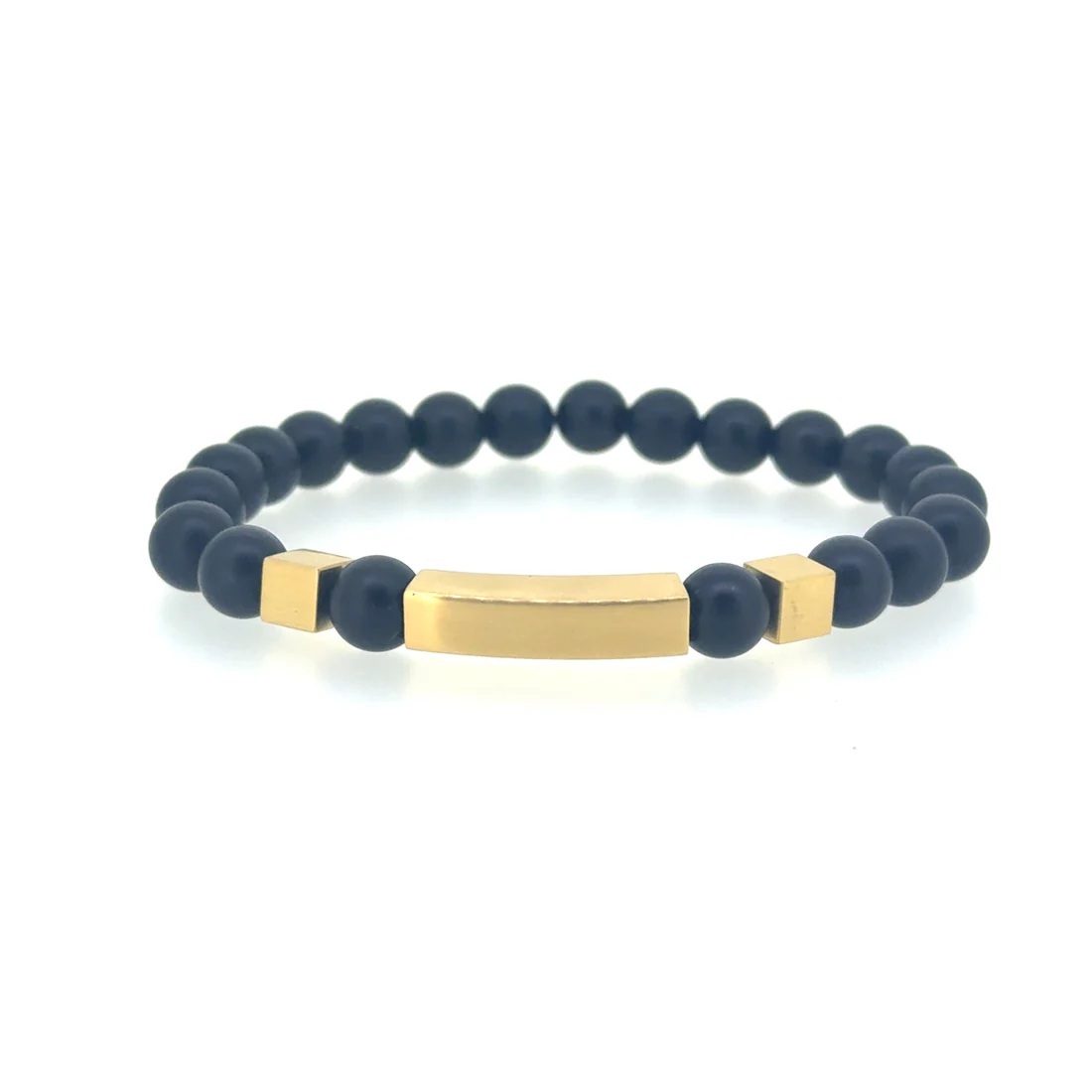 Stainless Steel Elastic String Bracelet With Black Stone Beads and a Gold Plate and Two Gold Squares