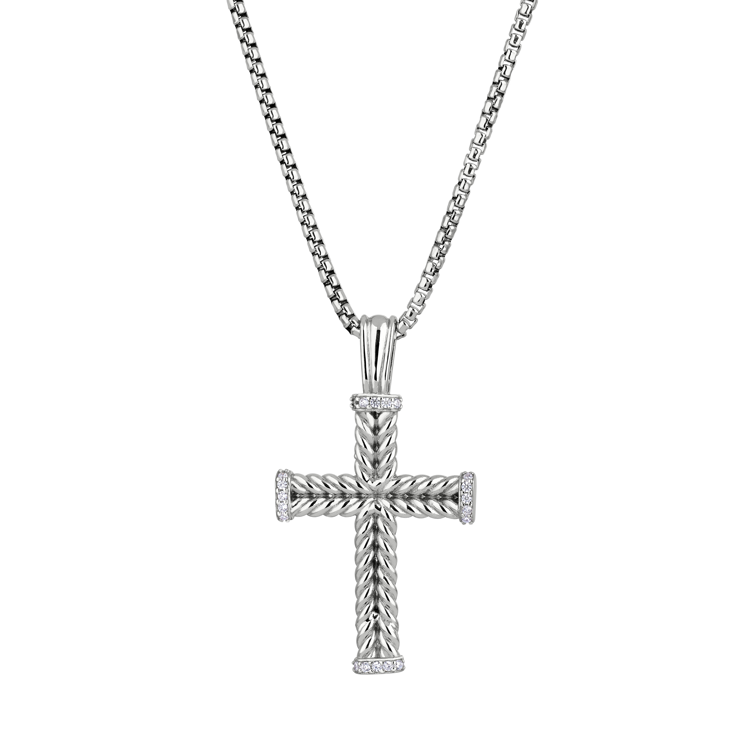 Sterling Silver Rhodium Finished Braided Cross with Simulated Diamonds Ends