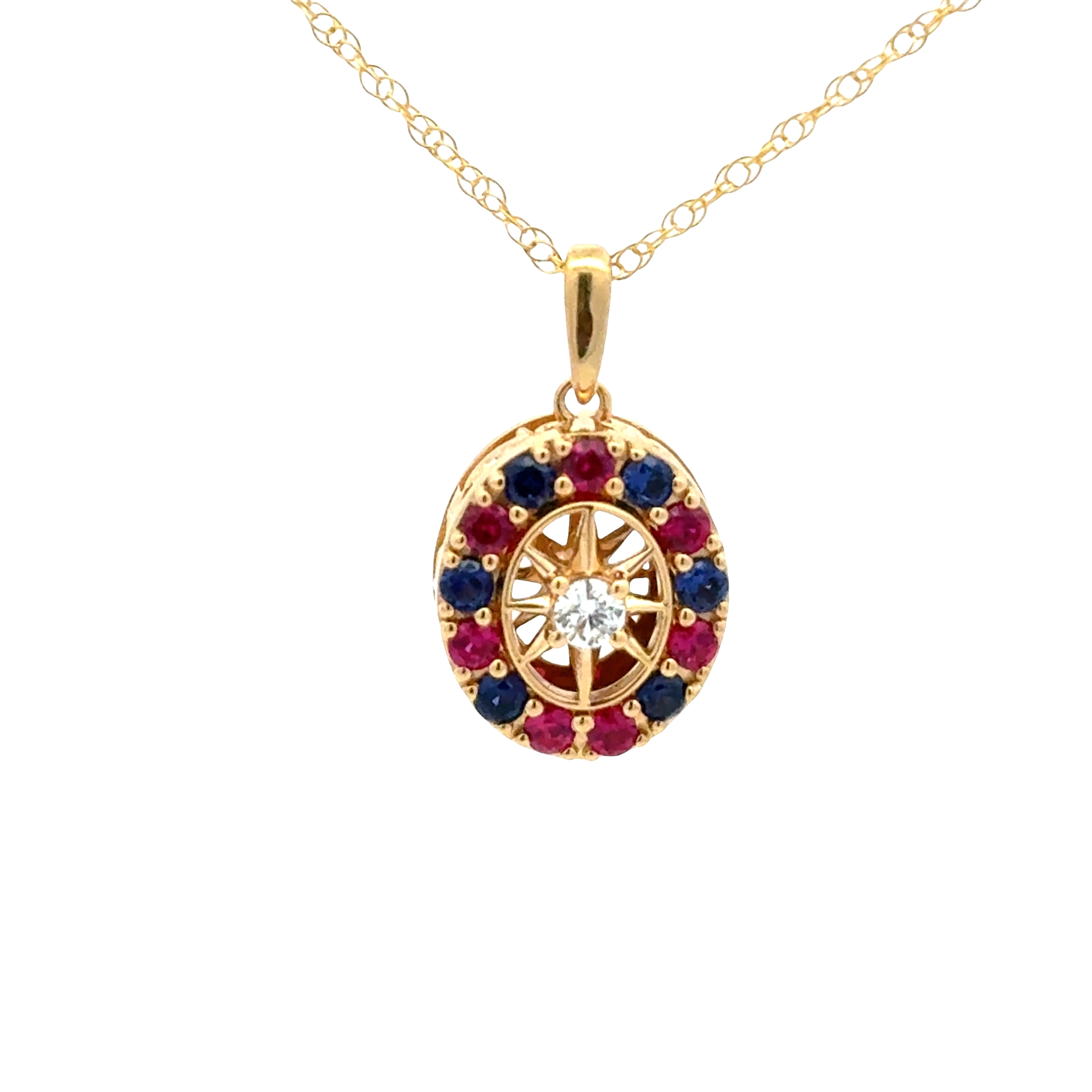 Sterling Silver with Gold Vermeil USA 250th Laboratory Grown Ruby, Diamond and Sapphire Oval Shape Pendant