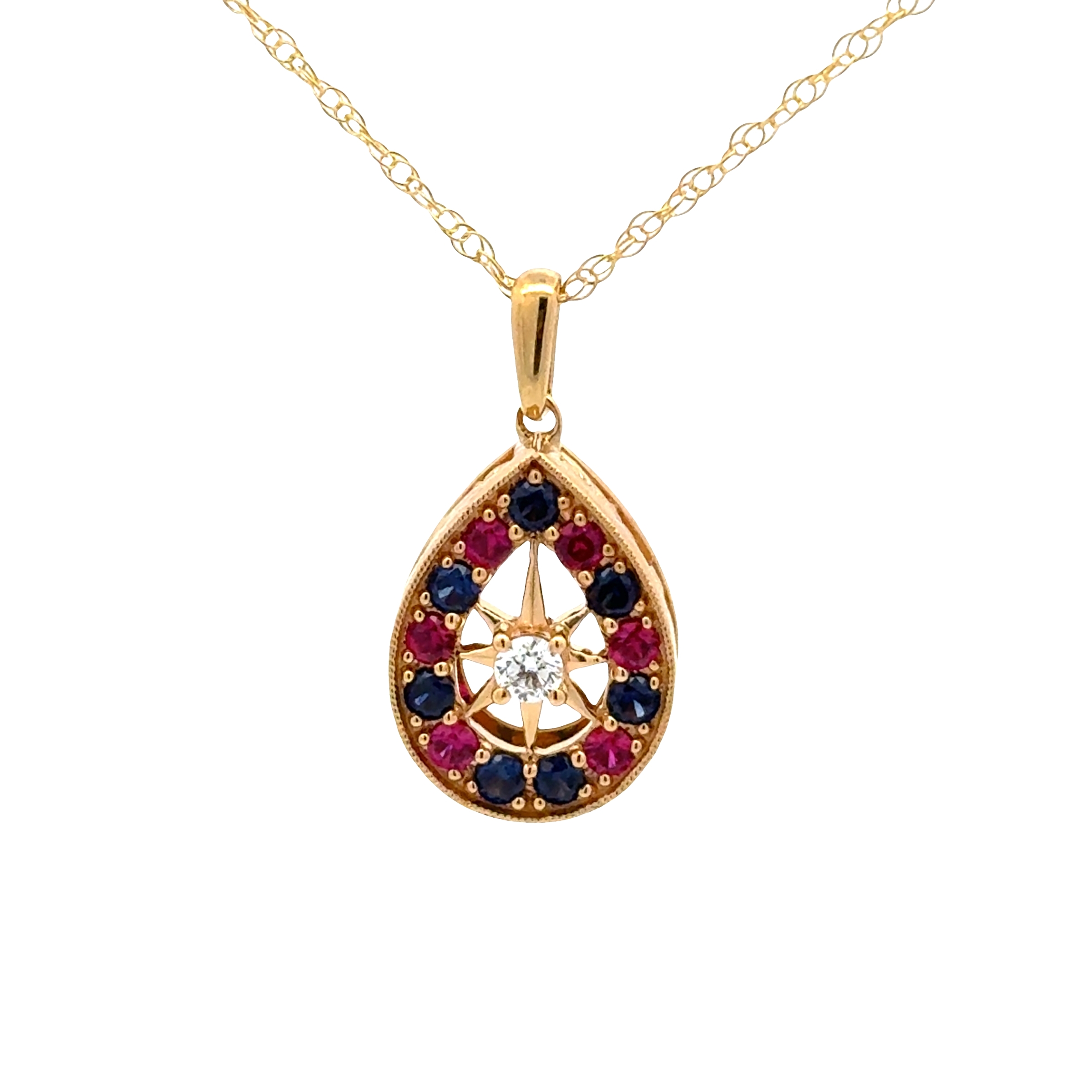 Sterling Silver with Gold Vermeil USA 250th Laboratory Grown Ruby, Diamond and Sapphire Pear Shape Pendant