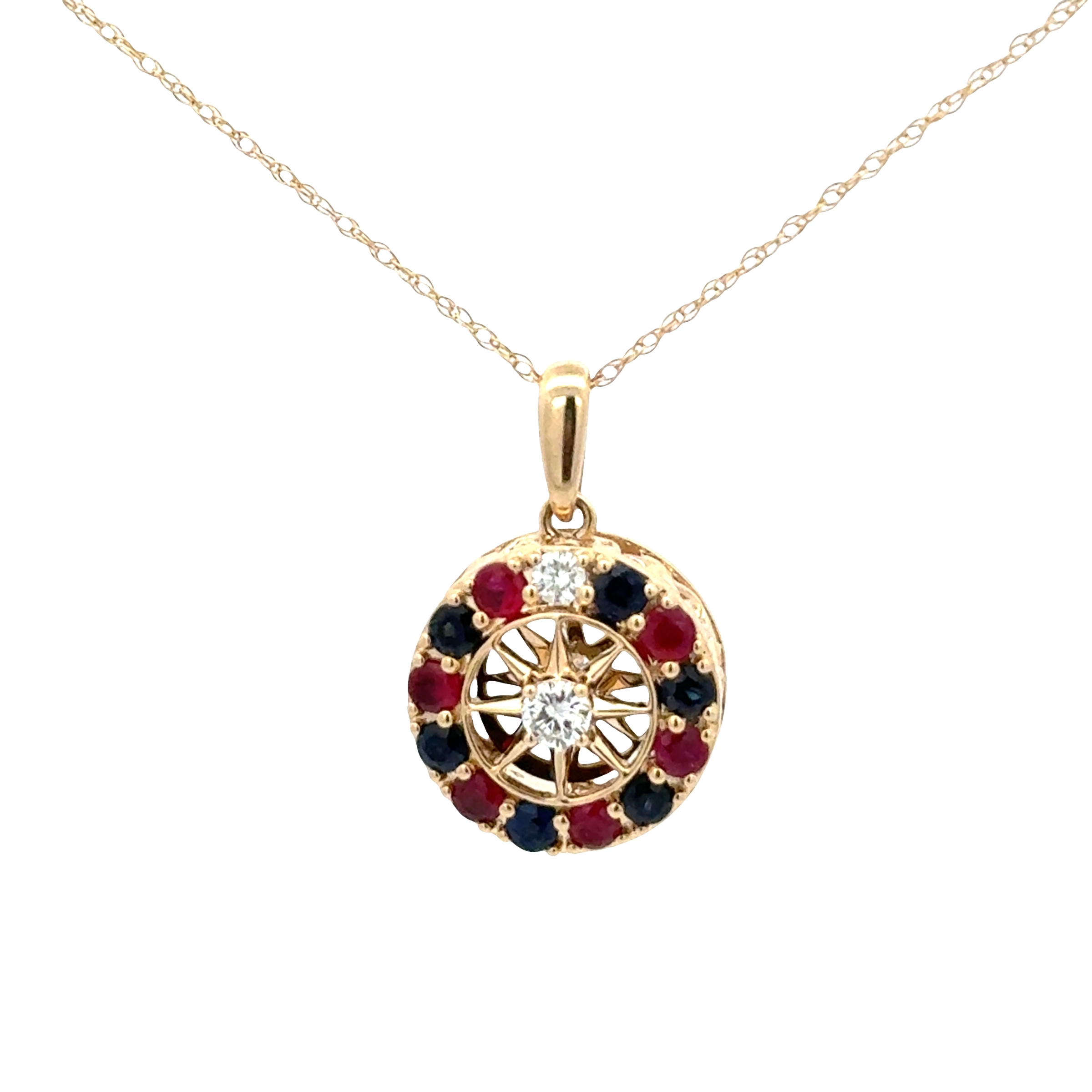 Sterling Silver with Gold Vermeil USA 250th Laboratory Grown Ruby, Diamond and Sapphire Pendant