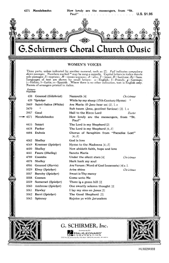 G Schirmer 50294900 How Lovely Are the Messengers (from St. Paul) for SSA Choir