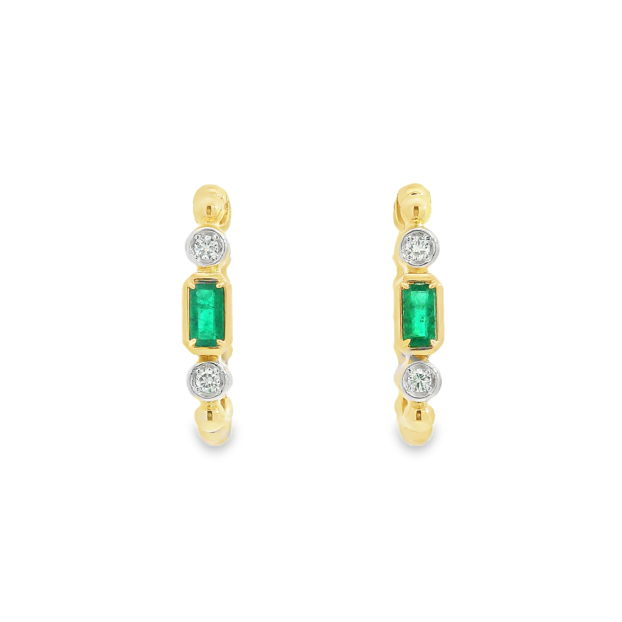 0.38cttw Natural Emeralds with 0.12cttw Natural Diamond Hoop Earrings in 14K Yellow Gold
