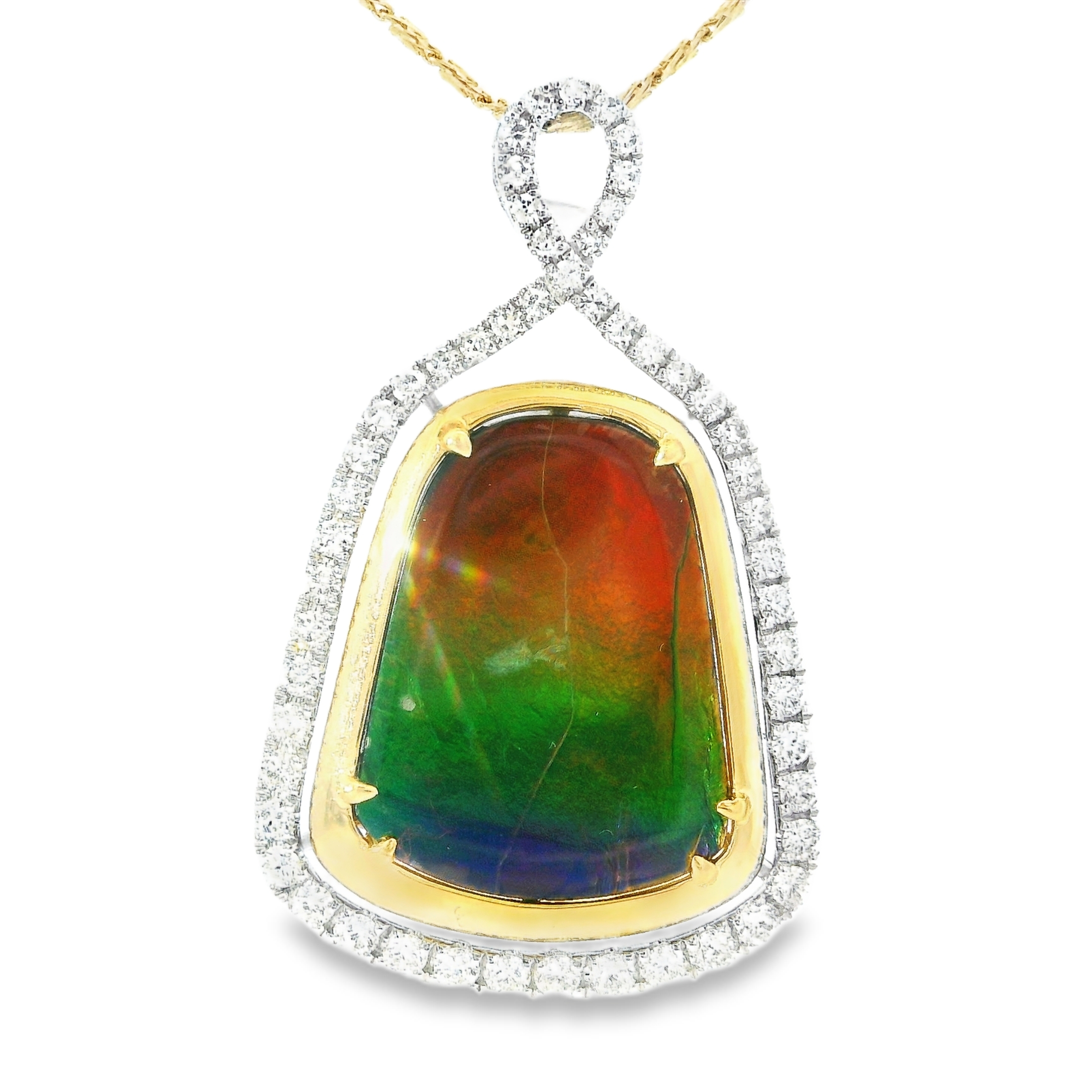 0.44cttw Natural Diamond & Ammolite Pendant Set in 14K 2-Tone Gold - Chain Included