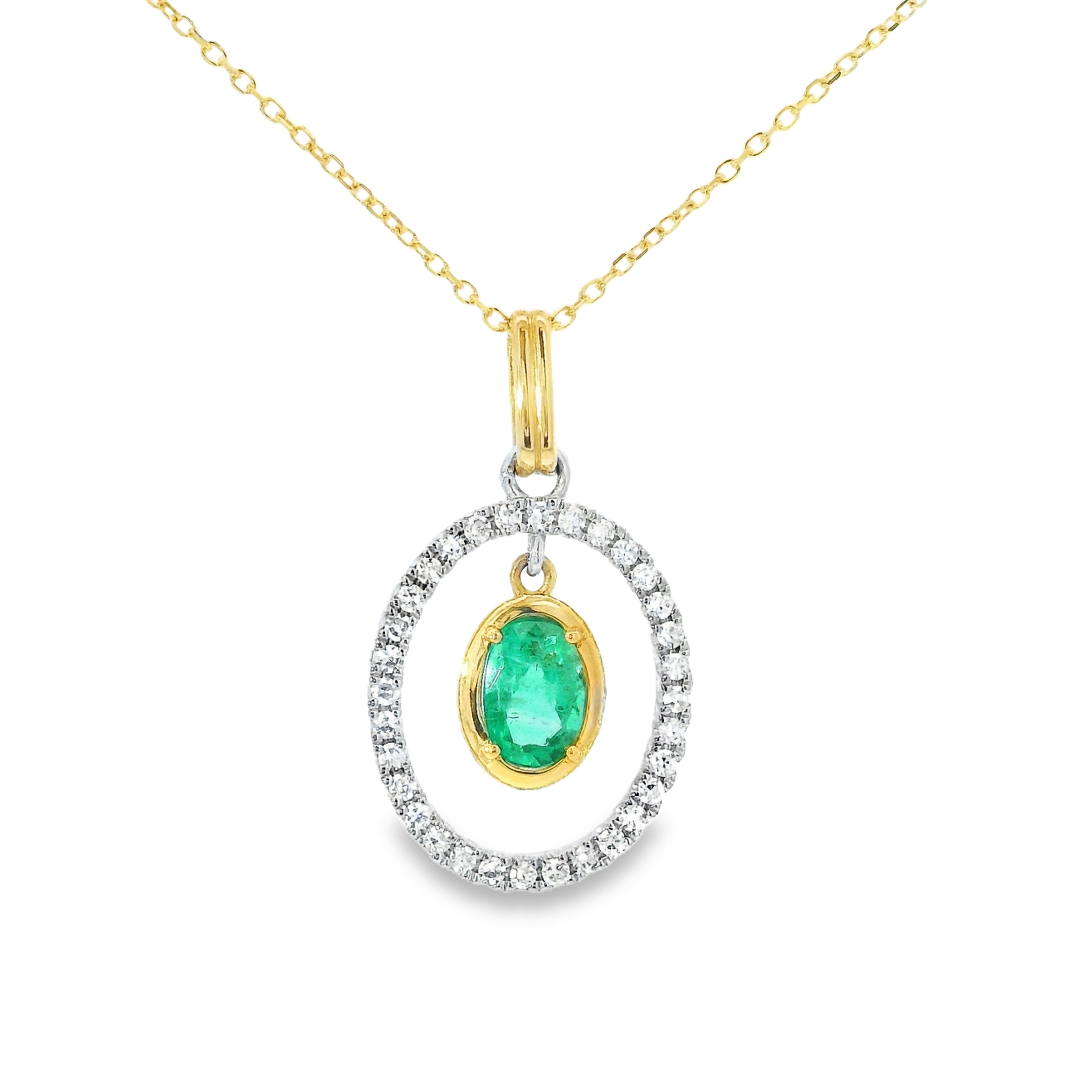 0.48CT Natural Oval Emerald with 0.20cttw Natural Diamond Pendant Set in 2-Tone 14K Gold w/ Chain