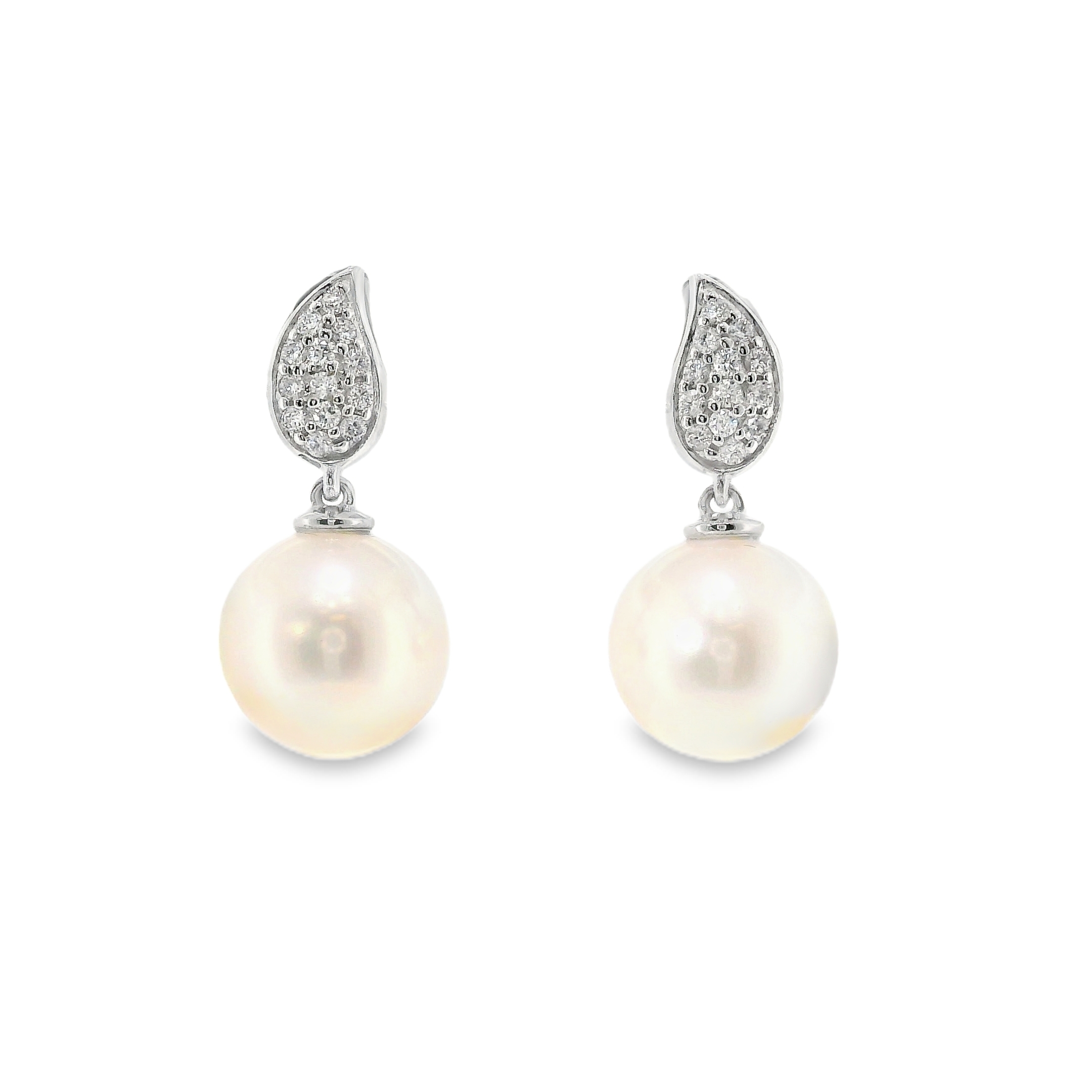 10-11mm Freshwater Pearl Earrings Set in 18K White Gold with 0.18cttw Natural Diamonds