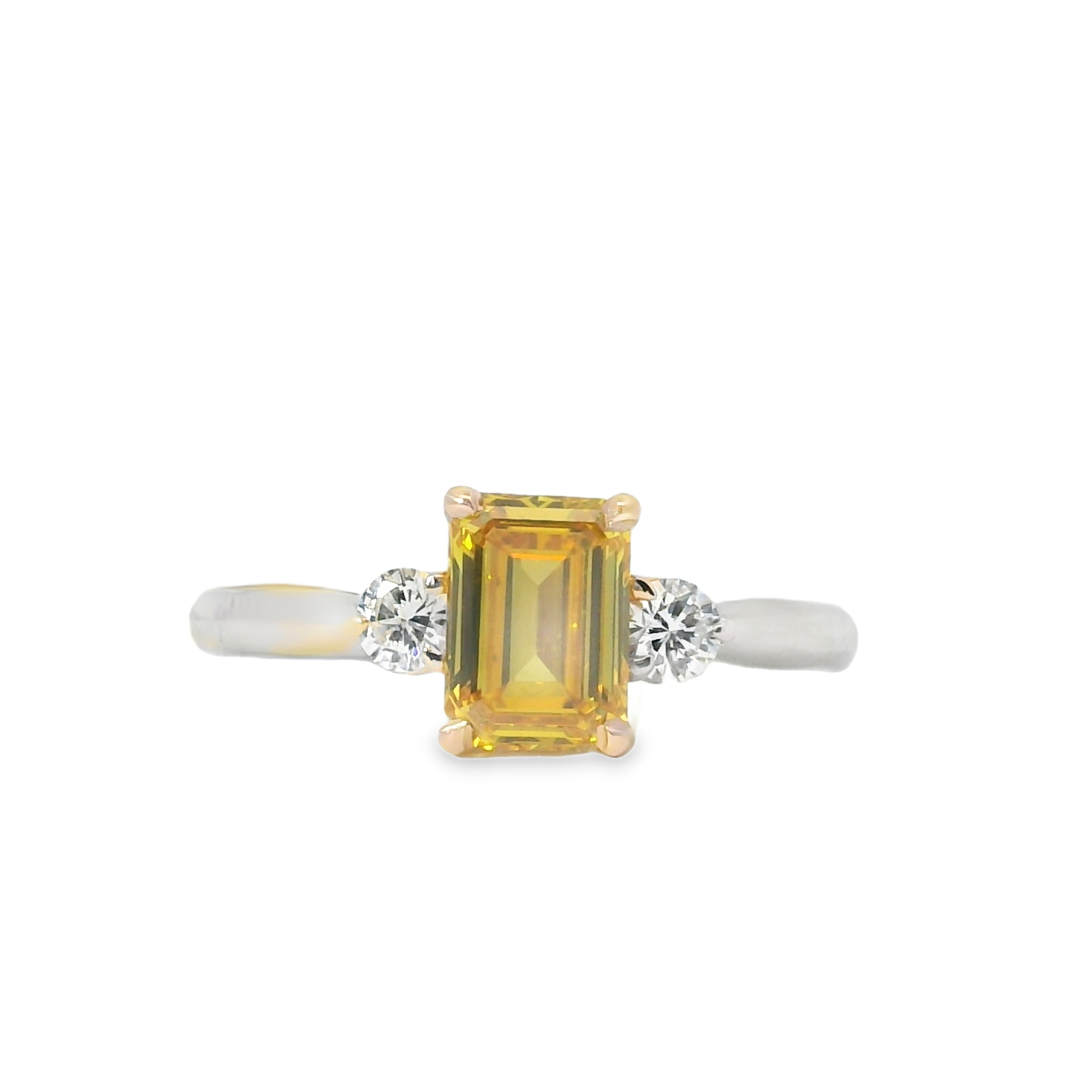 1.08CT Emerald Cut VS2 Fancy Intense Orangey Yellow LAB Diamond EGL Certified Set in 2-Tone 14K w/ 1/4cttw Natural Accent Diamonds 