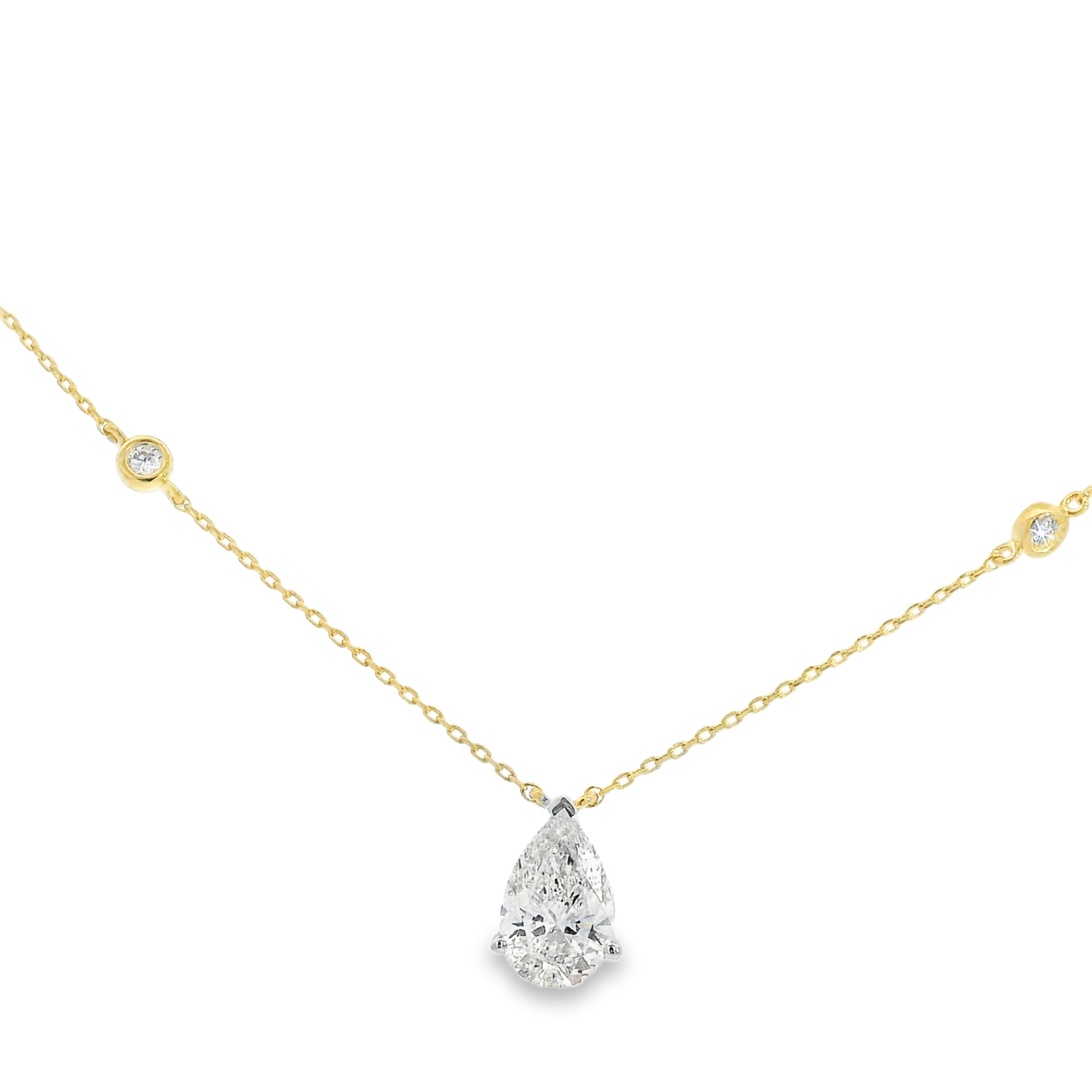 1.19CT E VS1 Pear Shape LAB Diamond Set in a Diamonds by the Yard Necklace with an additional 0.20cttw Accent Lab Diamonds - 14K Yellow Gold 