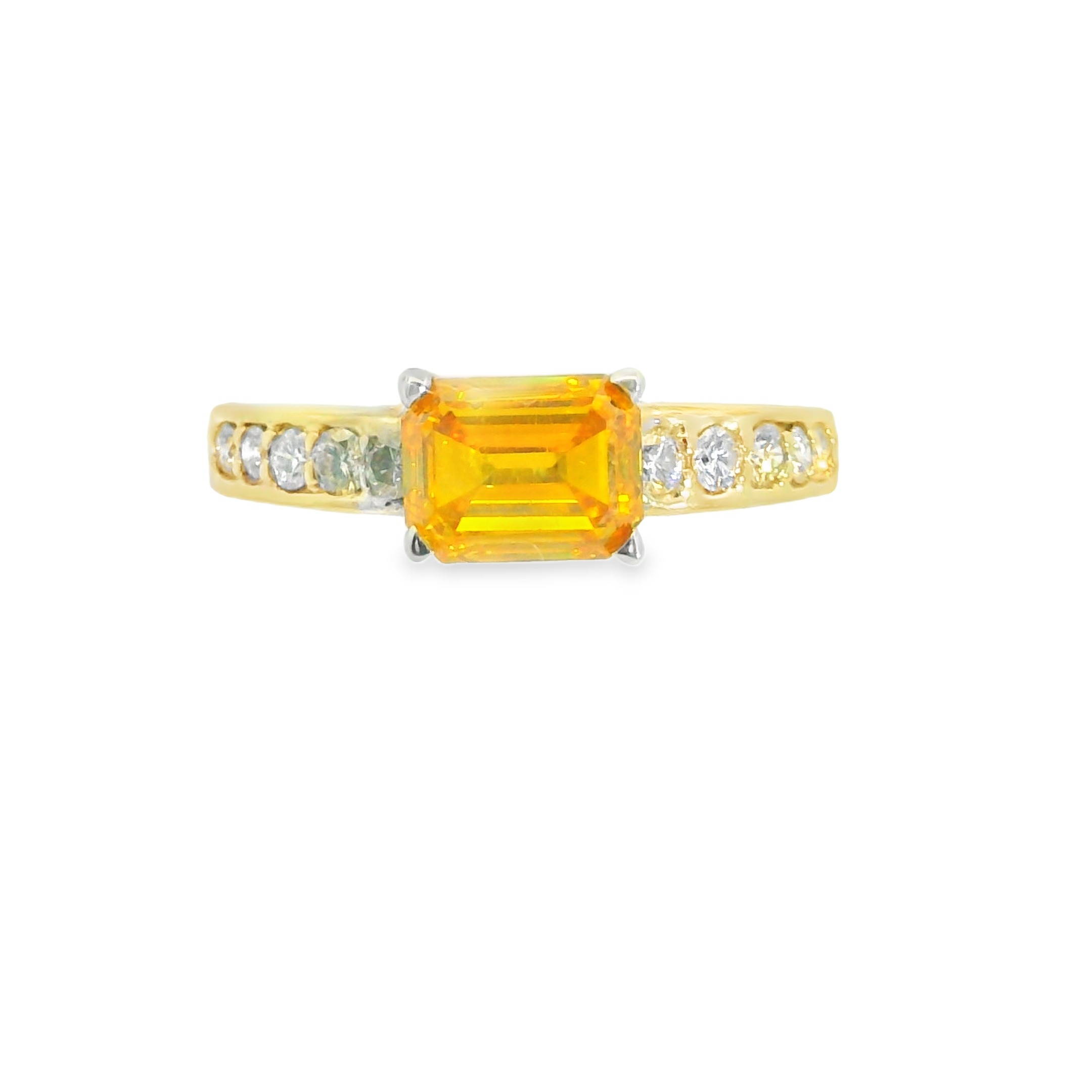 1.58CT Emerald Cut Fancy Intense Orangey Yellow LAB Diamond EGL Certified Set in 14K 2-Tone Gold w/ Natural Accent Diamonds