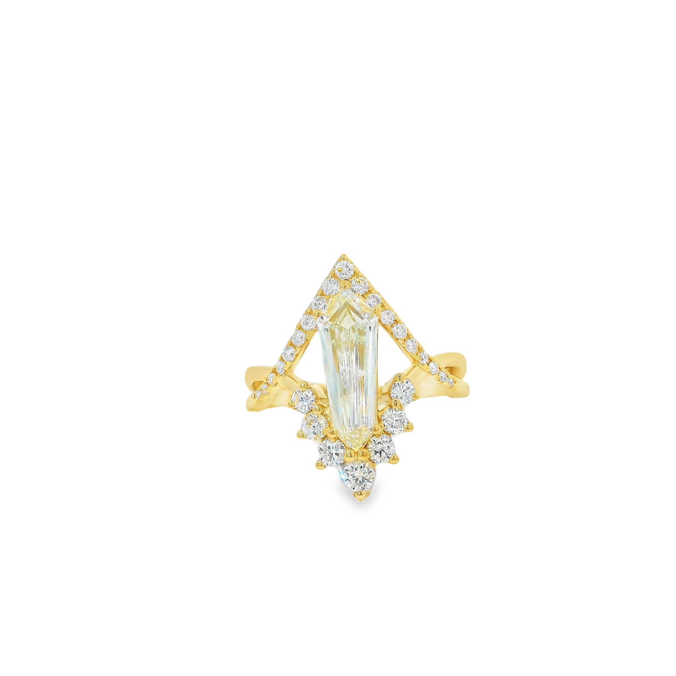 1.66CT F VVS2 Elongated Hexagonal Set Cut LAB Diamond - IGI Certified - Set in a Custom 14K Yellow Gold Mounting w/ 0.63cttw Lab Accent Diamonds