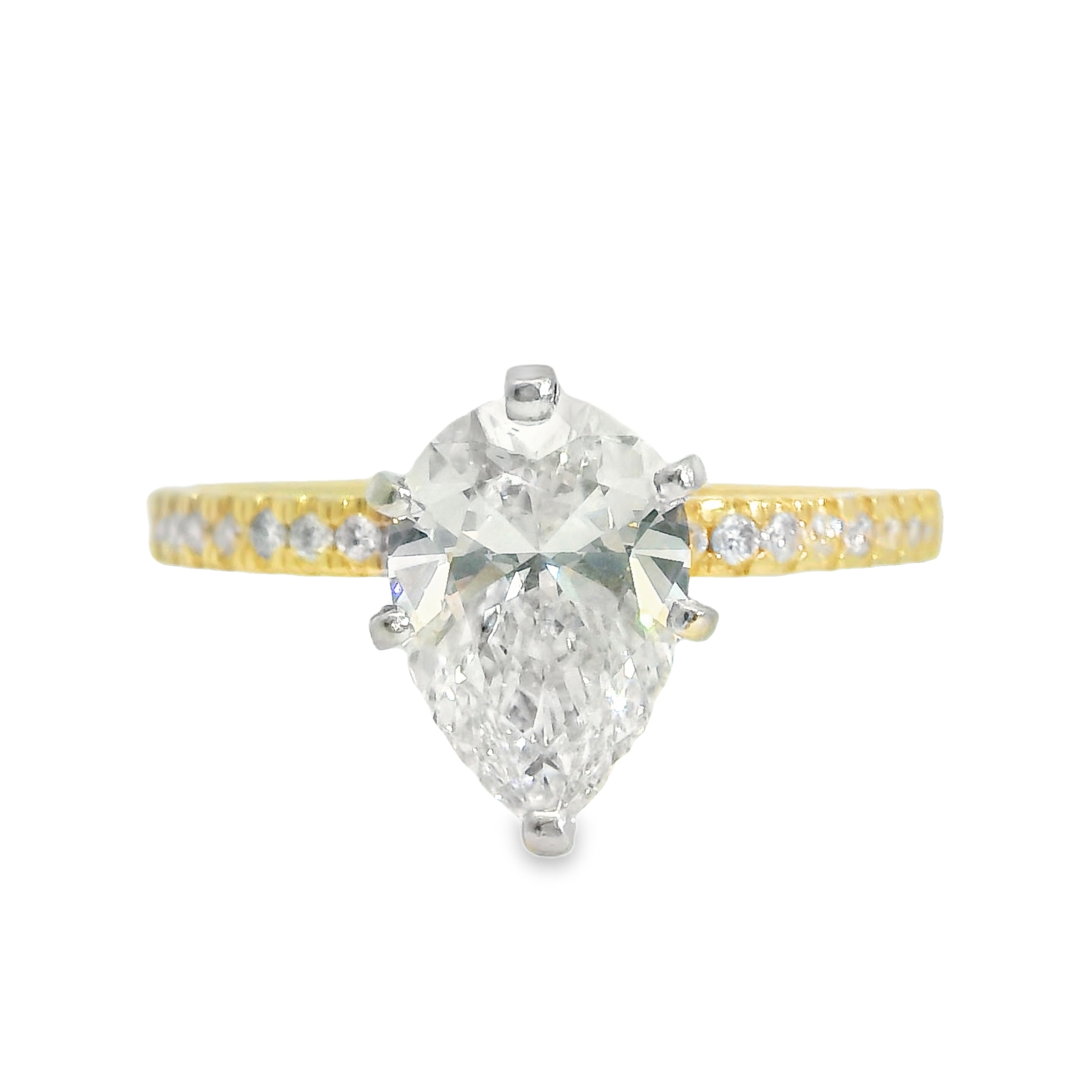 2.07CT I SI1 Pear Shape LAB Diamond GCAL Certified Set in 14K 2-Tone Gold w/ Accent side stones - Estate