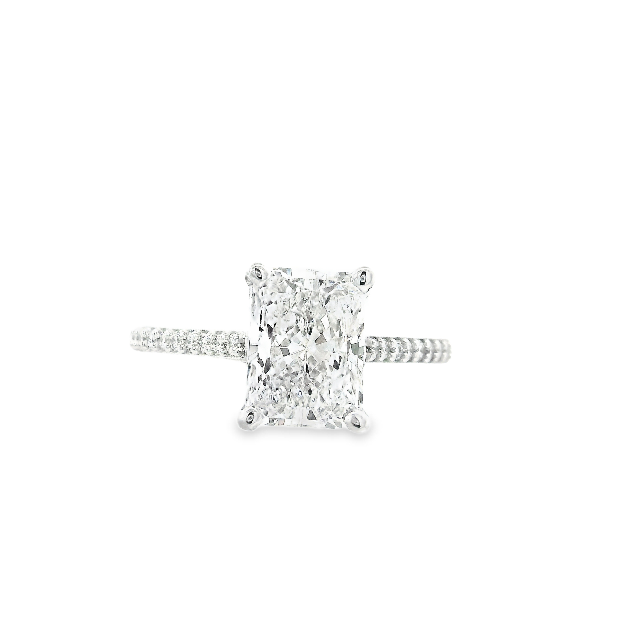 2.11CT E VVS2 Radiant Cut LAB Diamond IGI Certified Set in 14K White Gold w/ 1/4cttw LAB Accent Stones