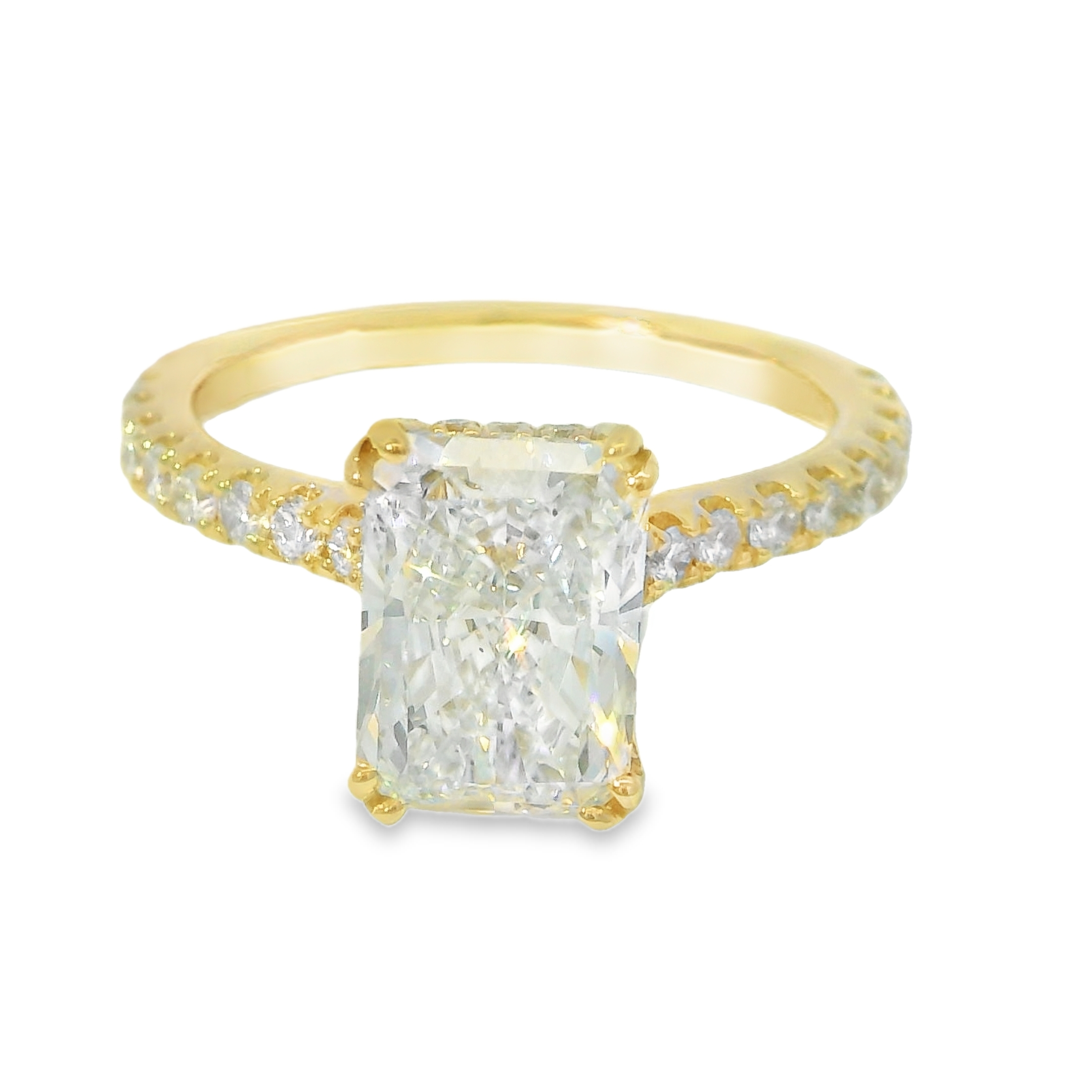 2.35ct D VS2 Radiant Cut LAB Diamond IGI Certified Set in 14K Yellow Gold w/0.59cttw Accent Stones
