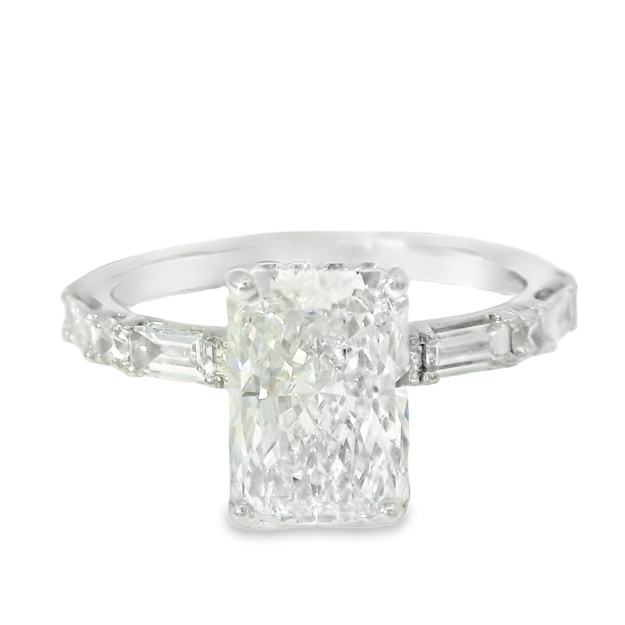 2.35ct E VS1 Radiant Cut LAB Diamond IGI Certified Set in 14K White Gold w/ 3/4cttw Accent Stones