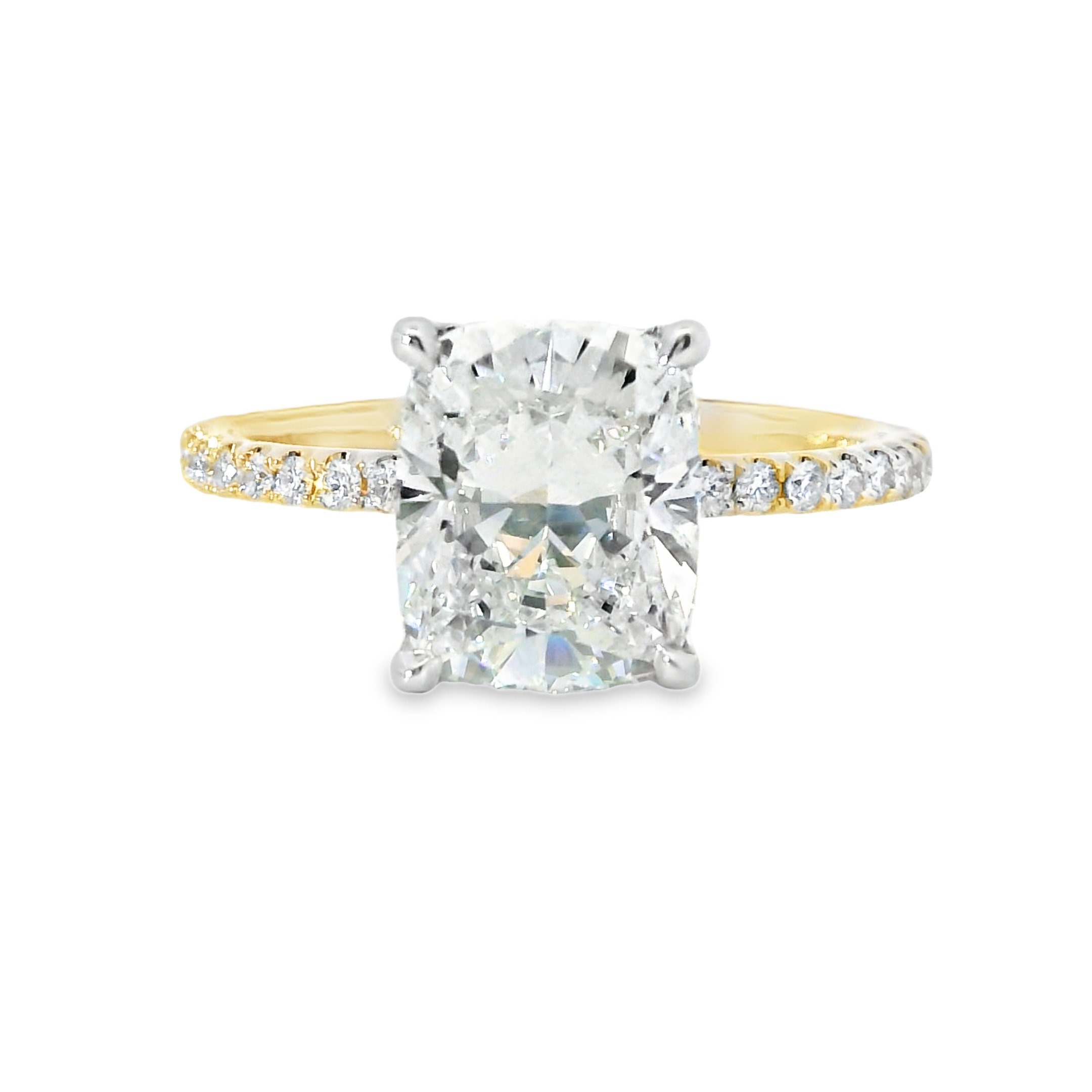 2.60CT F VS1 Cushion Cut LAB Diamond Set in 14K 2-Tones Semi-Mount 0.23cttw LAB Accent Diamonds & Hidden Halo 