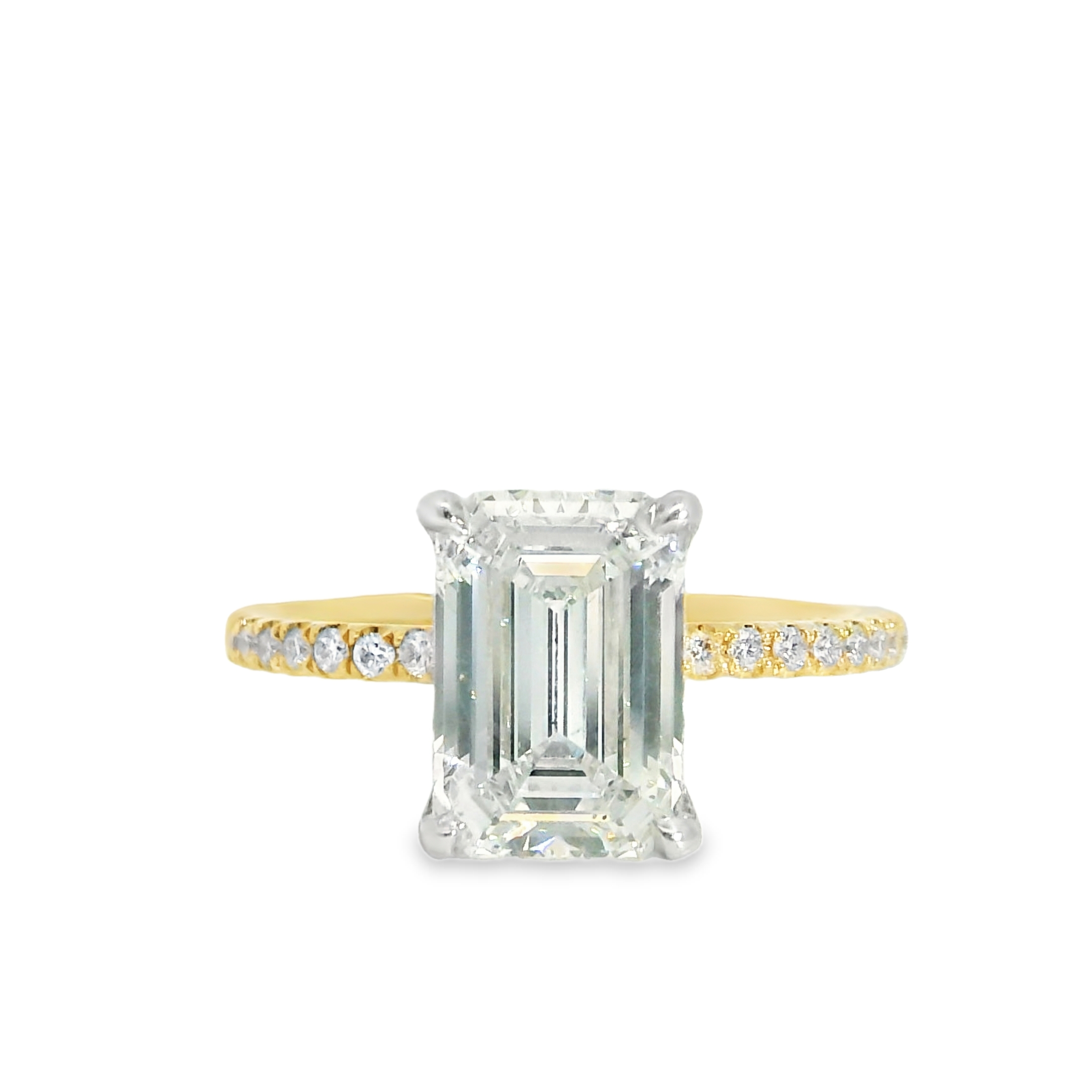 2.81CT E VS2 Emerald Cut LAB Diamond Set in 14K 2-Tone Gold w/0.23cttw LAB Accent Diamonds & Hidden Halo 