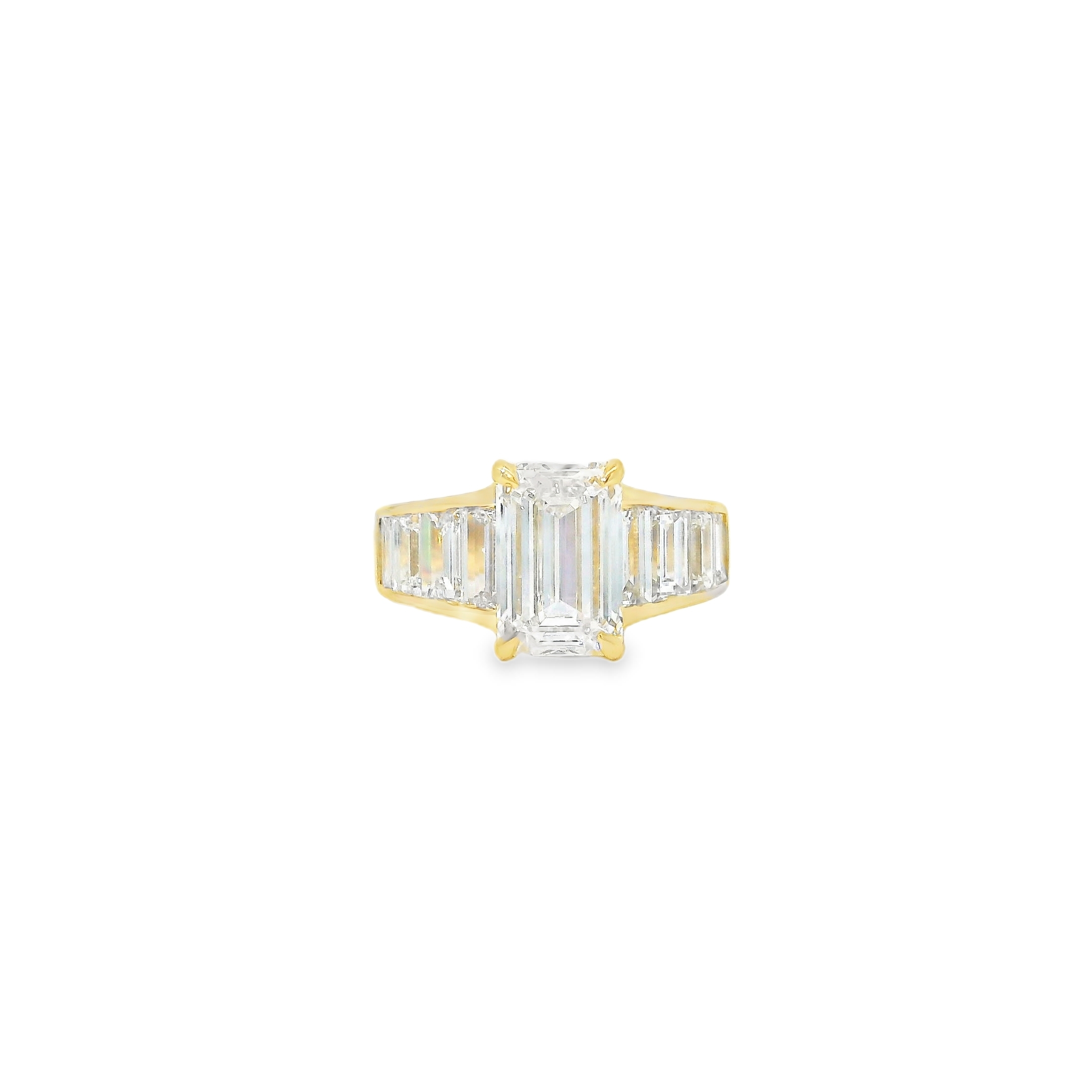 2.81 D VVS2 Emerald Cut LAB Diamond - IGI Certified - Set in Custom 14K Yellow Mounting with 1.84cttw Baguette Accent LAB Diamonds 