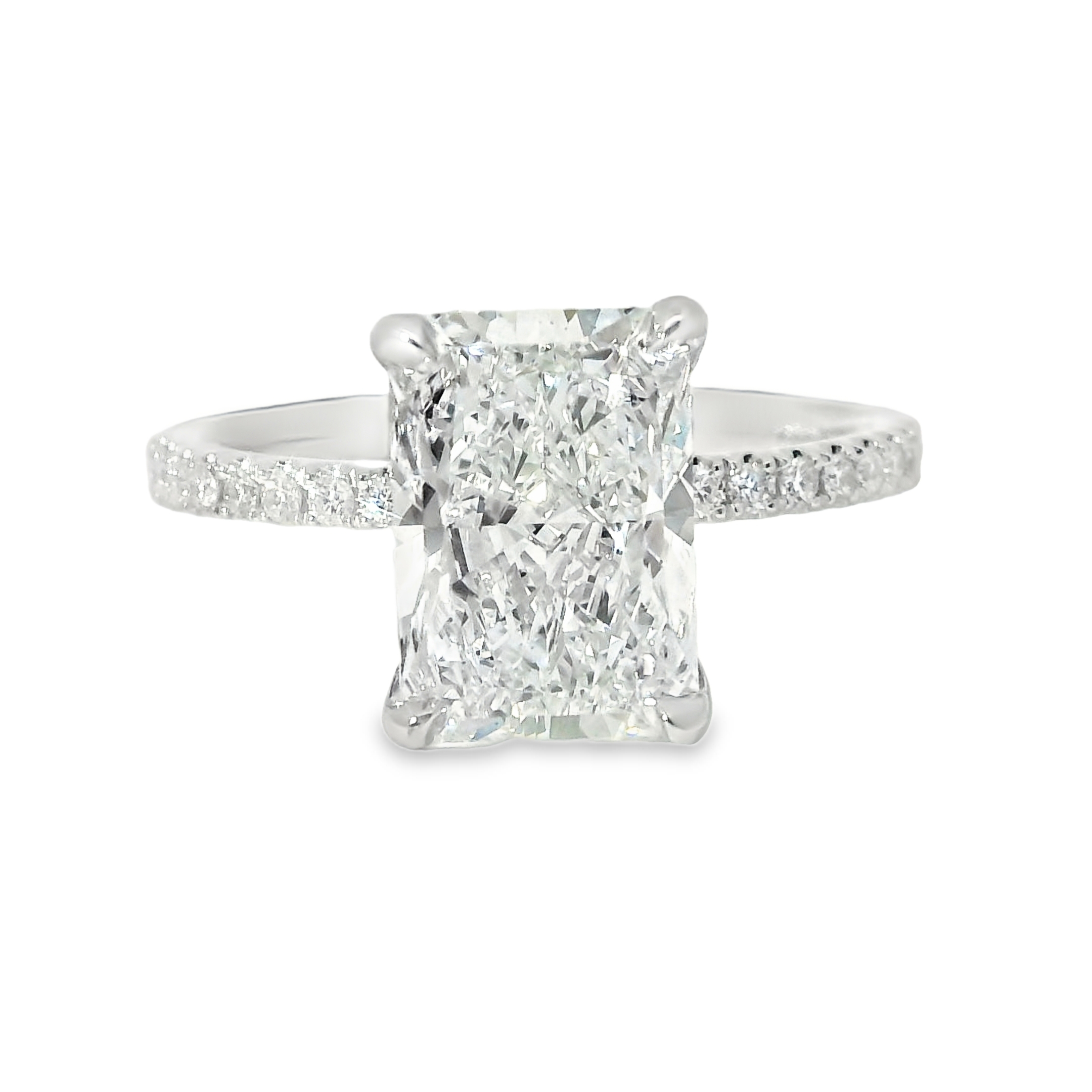 2.992CT E VS2 Radiant Cut LAB Diamond Set in Platinum w/ 0.17cttw LAB Accent Diamonds