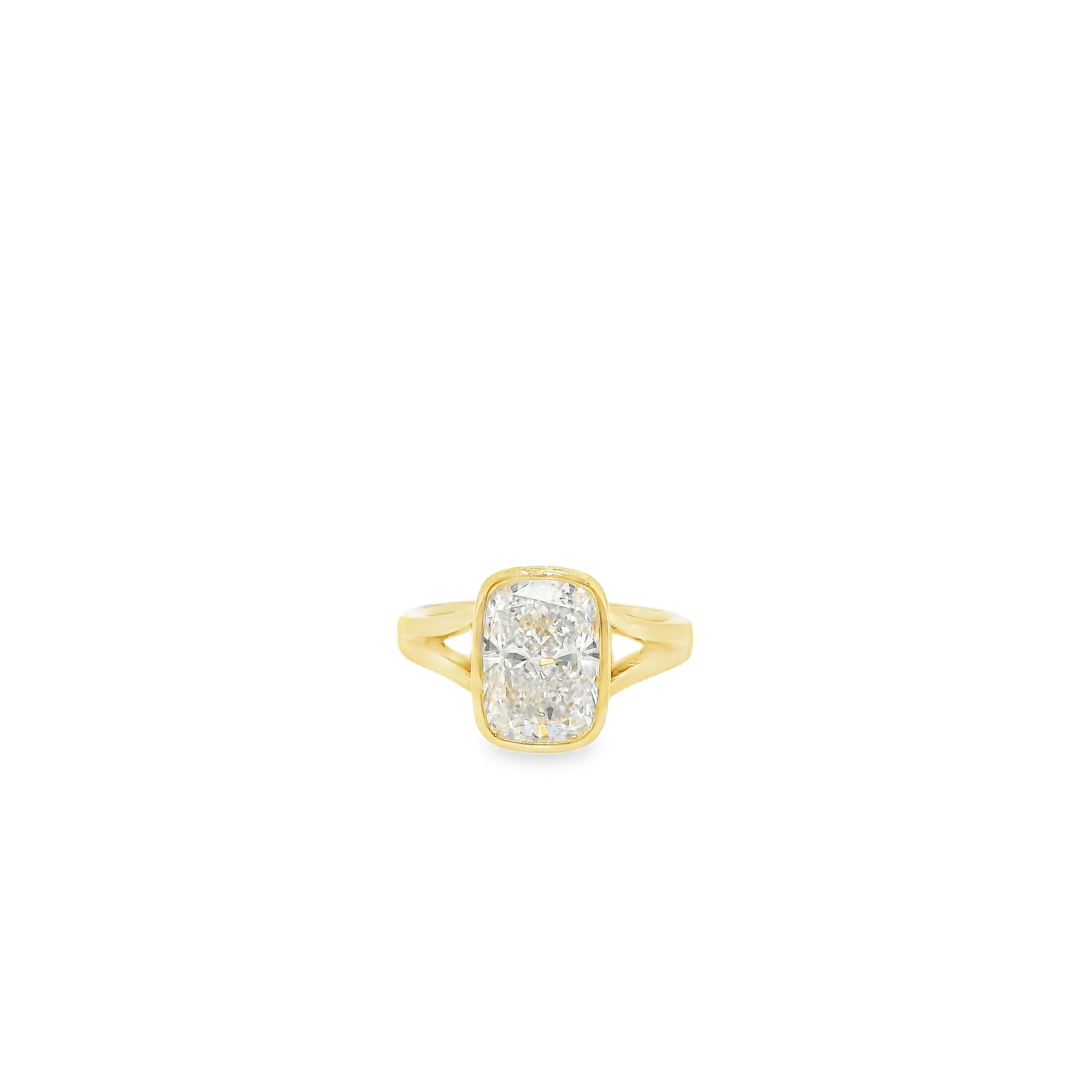 3.10CT D VS2 Elongated Cushion Cut LAB Diamond - IGI Certified - Mounted in a Custom Bezel Set Splint Shank 14K Yellow Gold Ring
