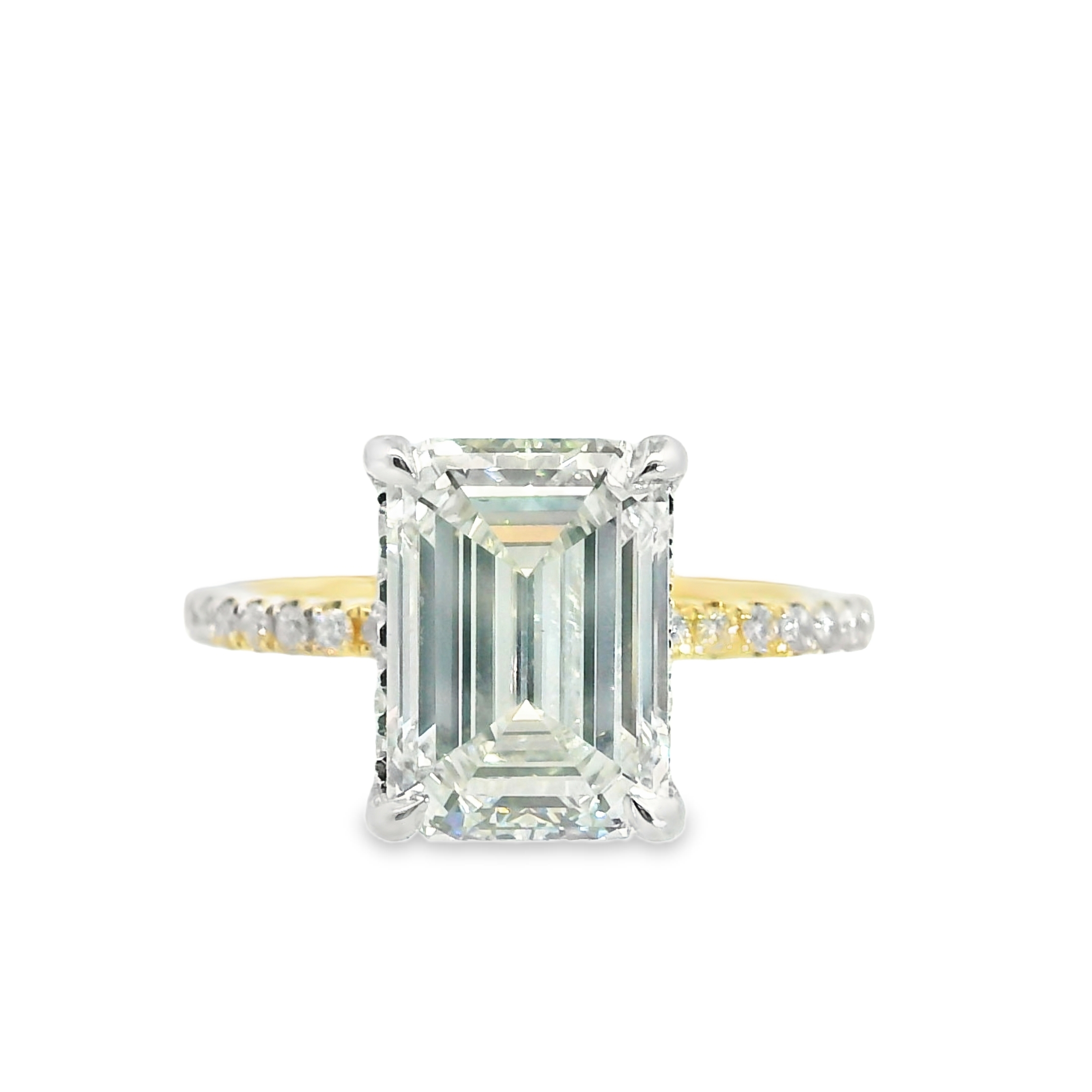 3.80CT F VS1 Emerald Cut LAB Diamond Set in 14K 2-Tone Gold w/ 0.26cttw LAB Accent Diamonds & Hidden Halo 