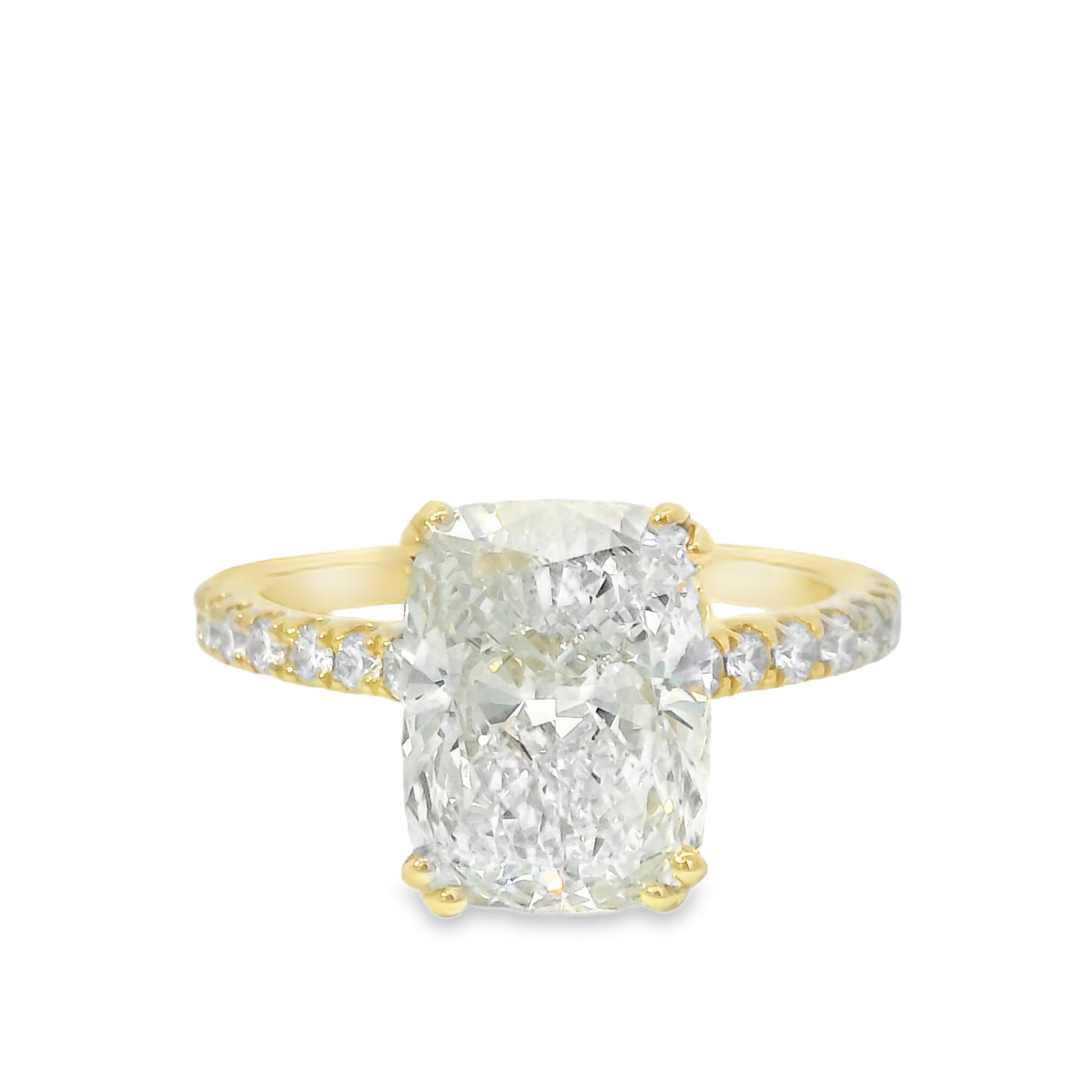 3.92ct F VS1 Cushion Cut LAB Diamond IGI Certified Set in 14K Yellow Gold w/0.71cttw Accent Stones