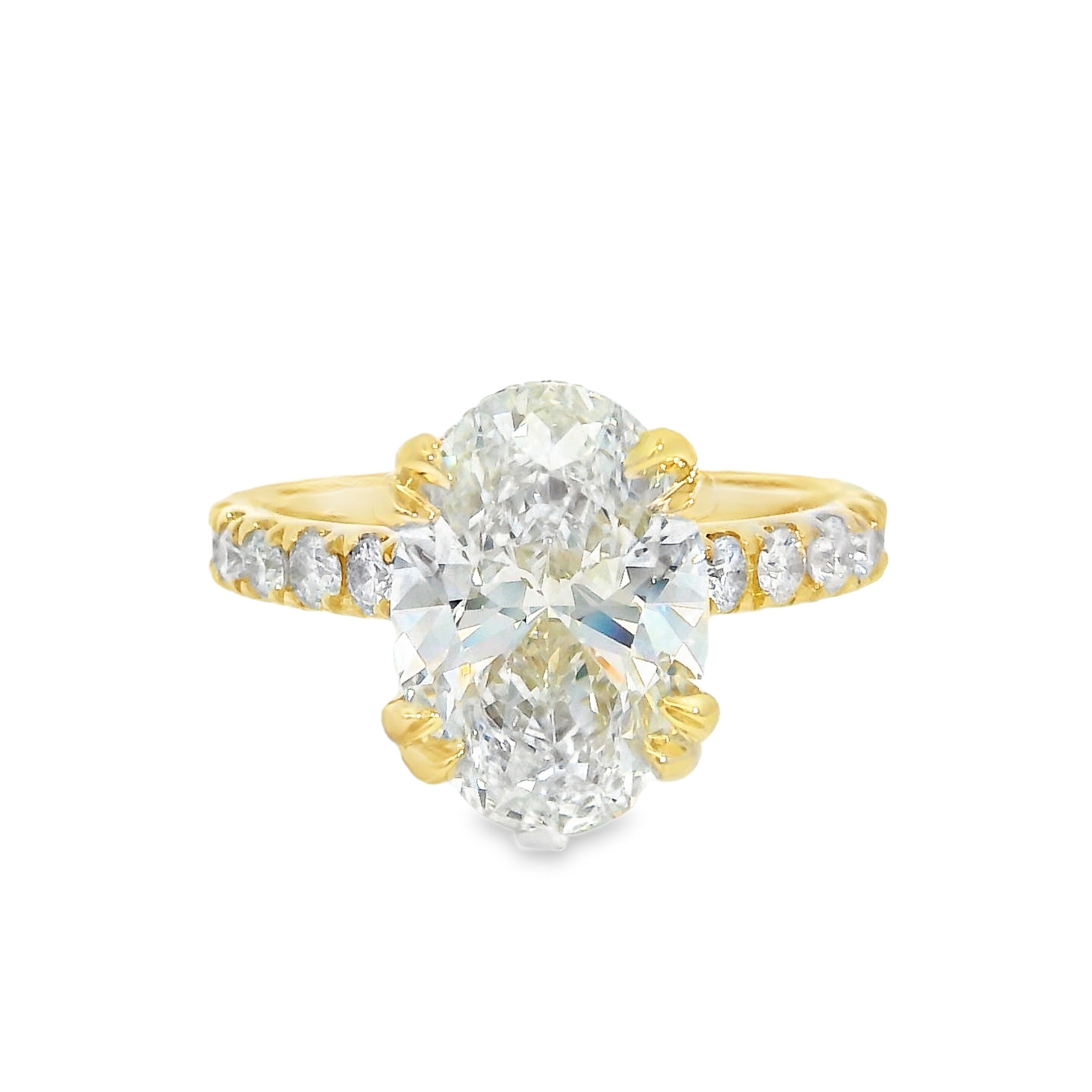4.03CT E VS1 OVAL Brilliant LAB Diamond IGI Certified Set in 14K Yellow Gold w/ 1cttw Natural Diamond Accent Stones