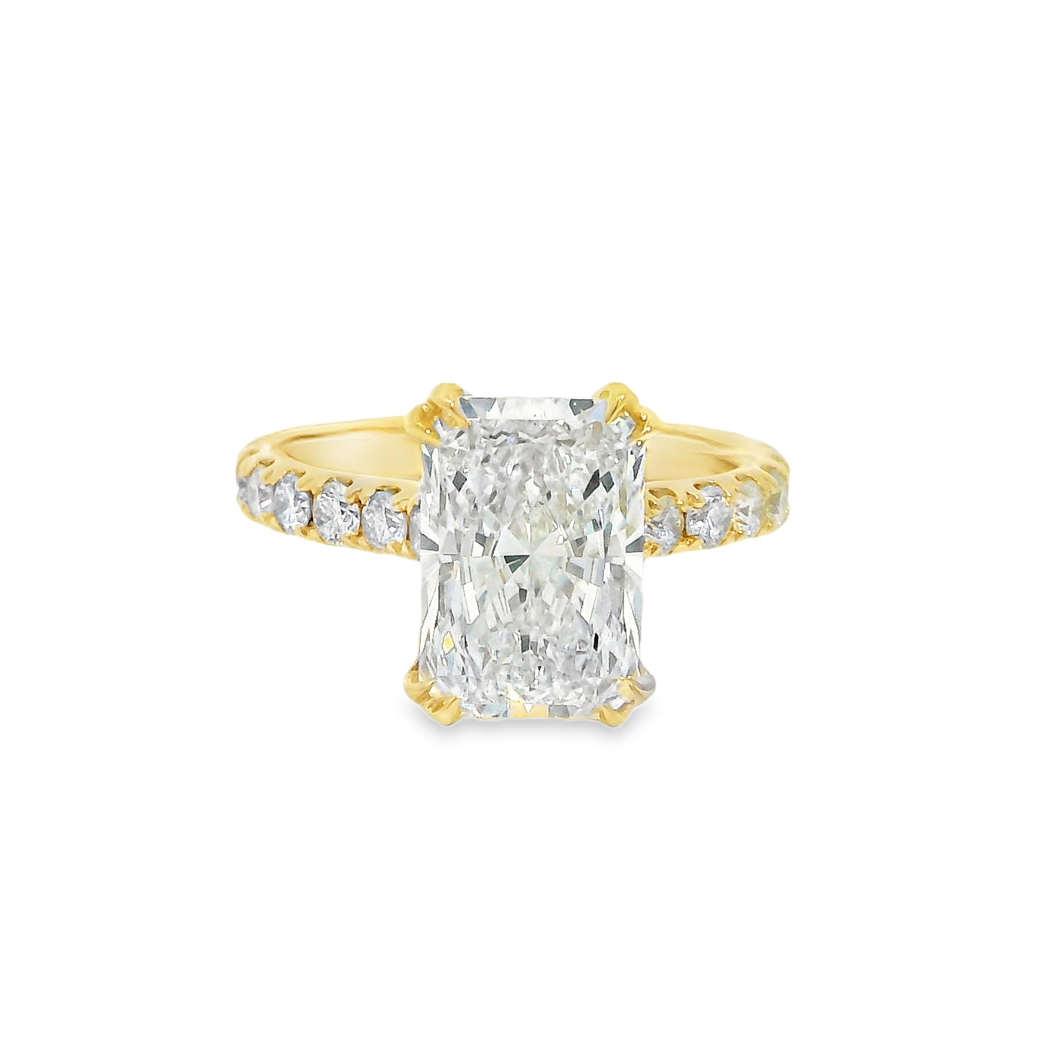 4.05CT F VS1 Radiant Cut LAB Diamond IGI Certified Set in 14K Yellow Gold w/ 1cttw Natural Diamond Accent Stones