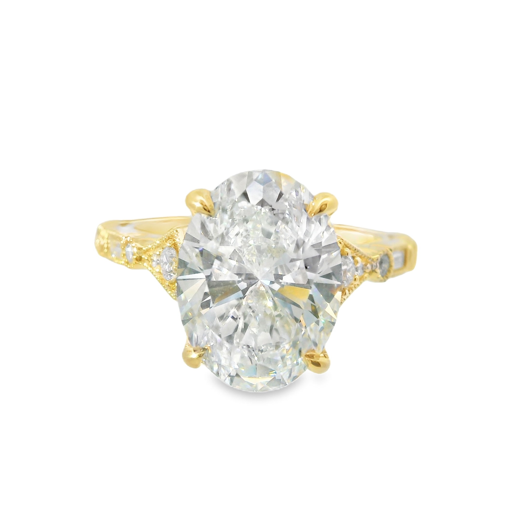 4.89CT E VS2 OVAL LAB Diamond Set in 14K Yellow Gold w/ 1/2cttw Natural Diamond Accent Stones 