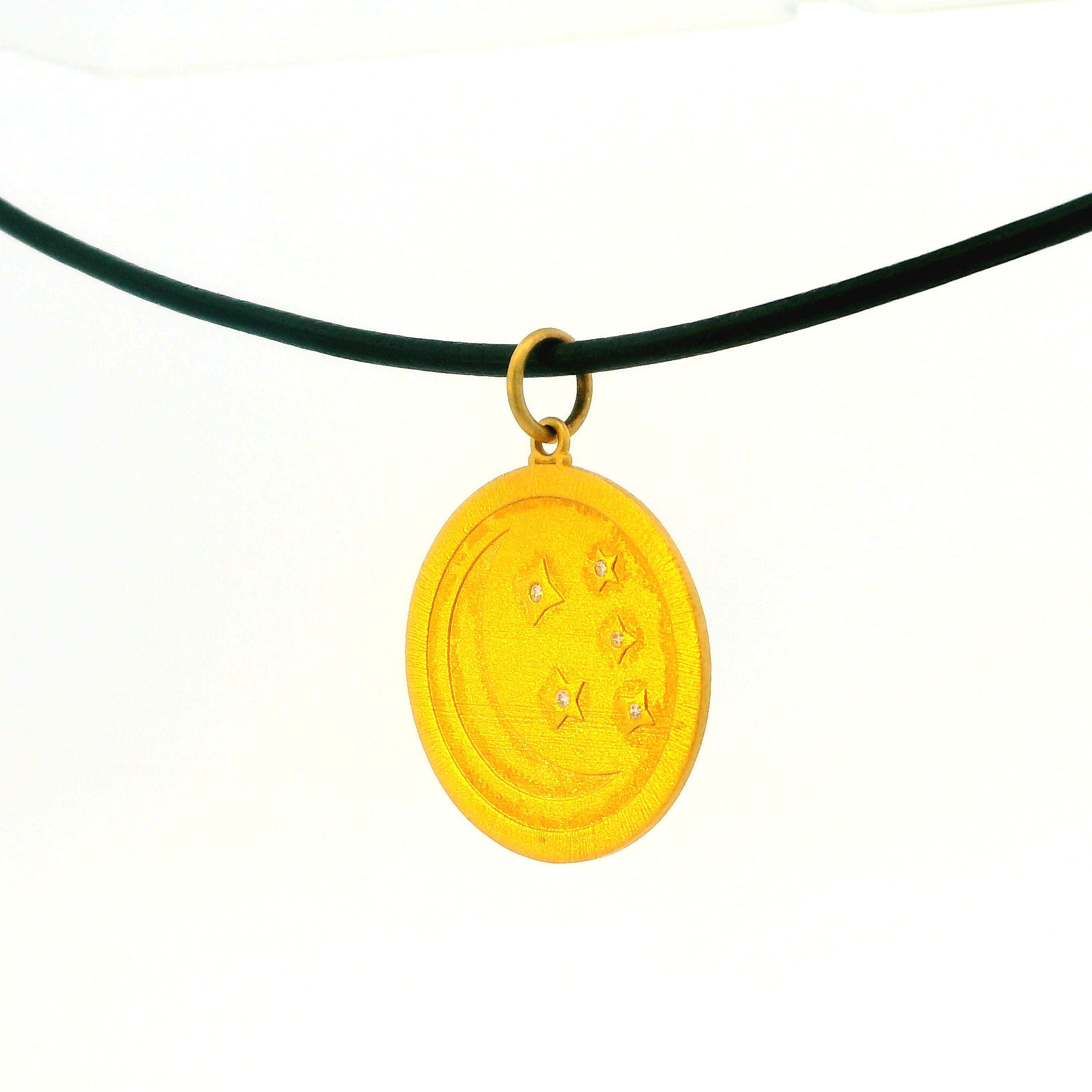 Lika Behar 22K GOLD MOON AND STARS MEDALLION PENDANT, 0.05cttw Natural DIAMONDS, SINGLE BAIL, 25mm with a 2mm Black Leather Cord Necklace w/14K Clasp