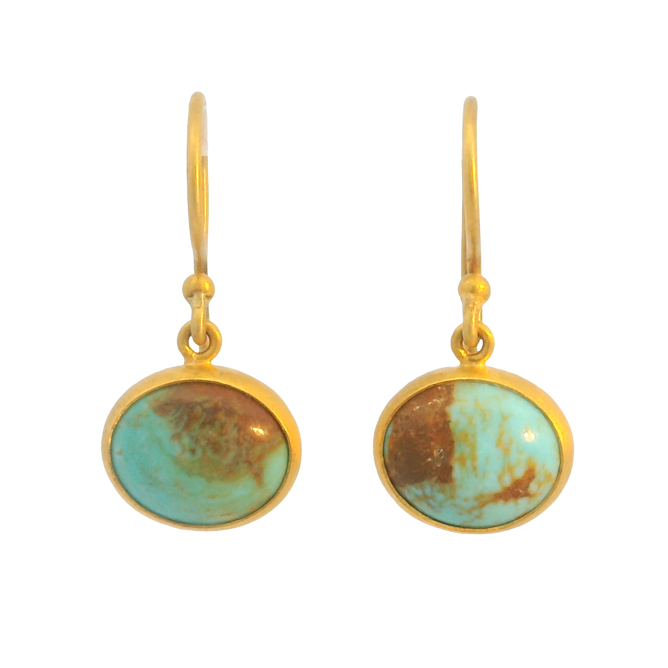 Lika Behar 24K GOLD POMPEI EARRINGS WITH 5.50cttw OVAL CABOCHON KINGMAN TURQUOISE EARRINGS, 10X12 MM, 22k ear wires