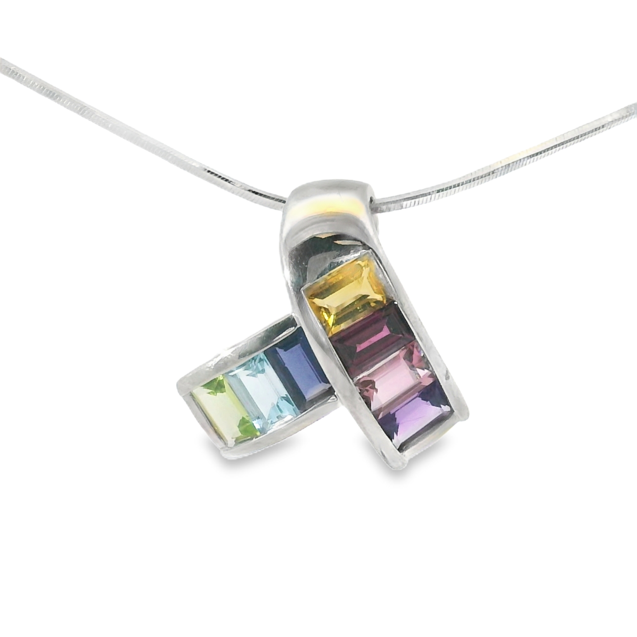 Multi-Color Rainbow Gem Pendant Set in 14K White Gold w/Chain - Estate