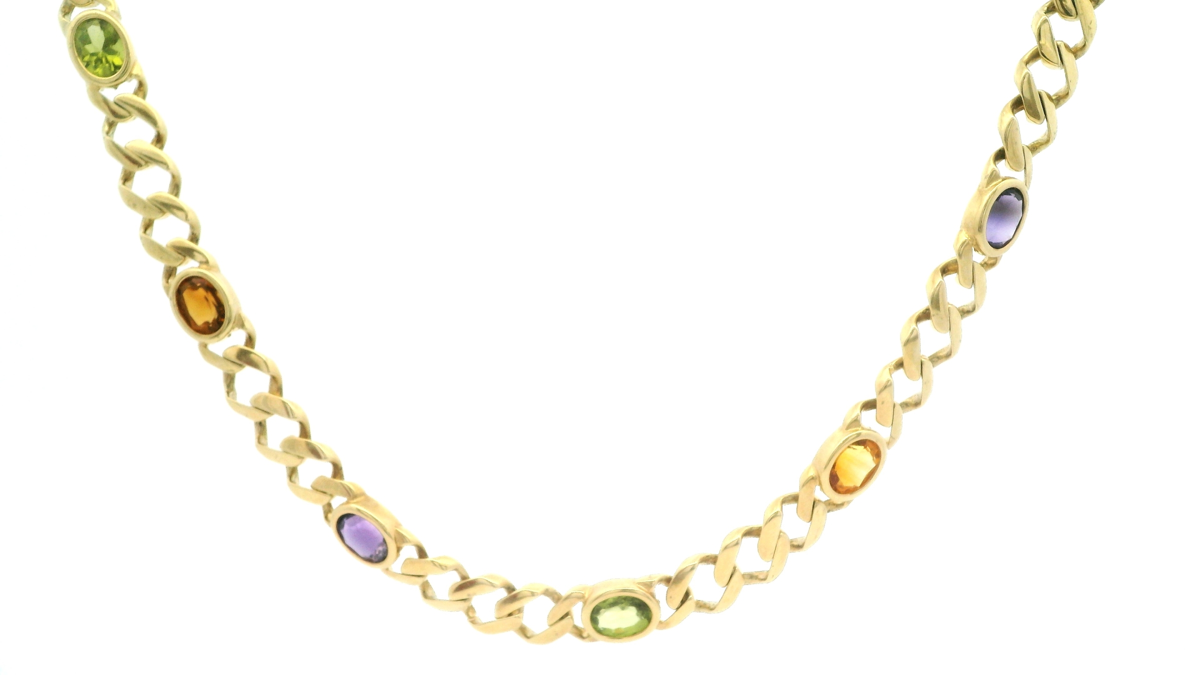 Gold Link Necklace With Colored Gemstones 
