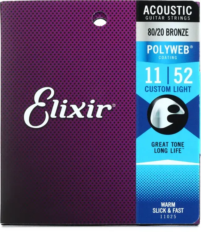 Elixir Strings 11025 Polyweb 80/20 Bronze Acoustic Guitar Strings - .011-.052 Custom Light