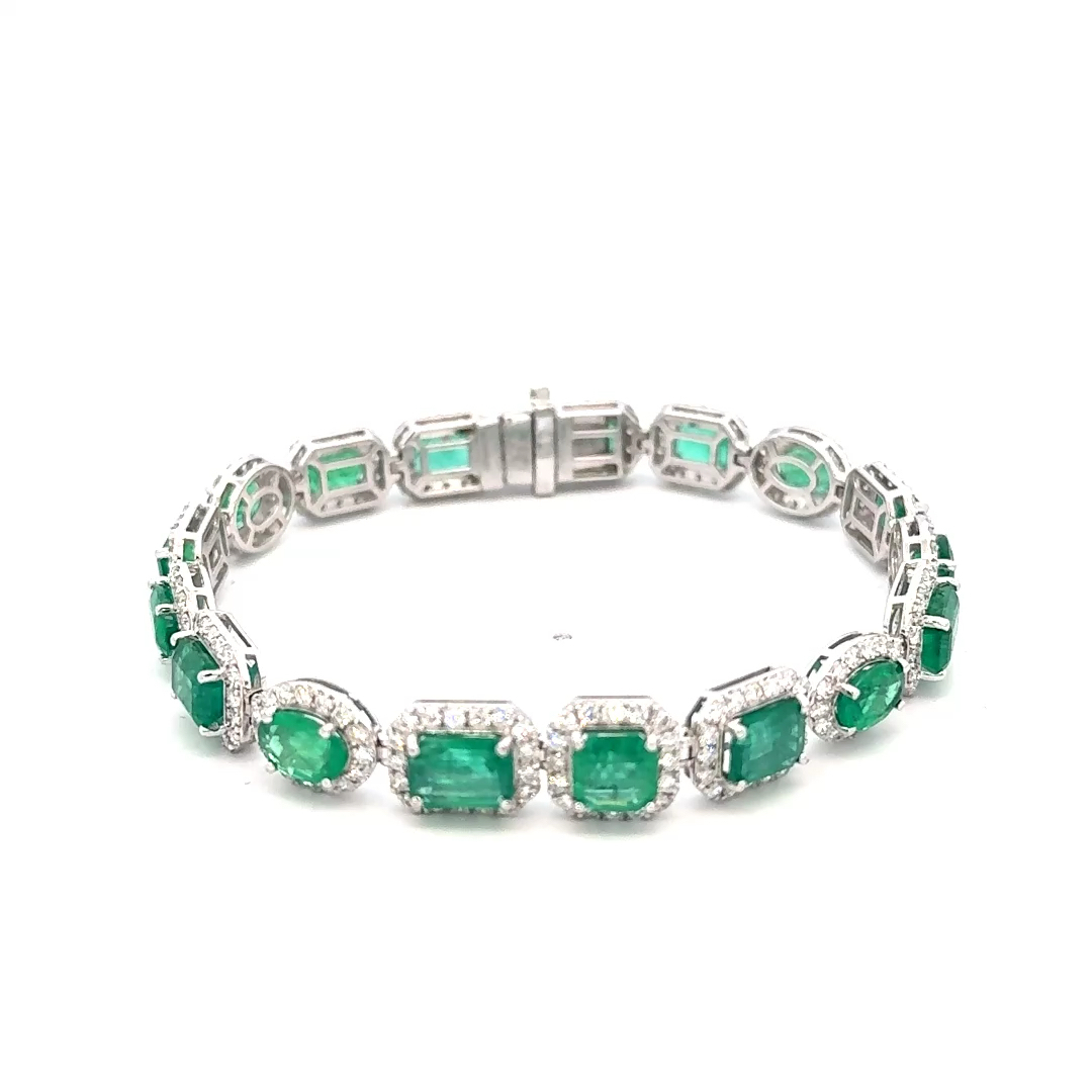 15.37cttw Emerald and Diamond Bracelet | Emerald Tennis Bracelet | Emerald Bracelet | 18k White Gold