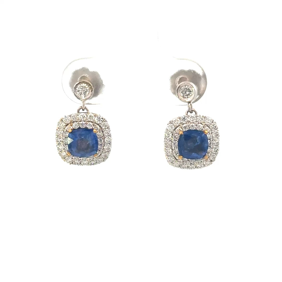 1.75cttw Double Halo Sapphire and Diamond Earrings | Cushion Cut Sapphire Earrings | 18k White Gold