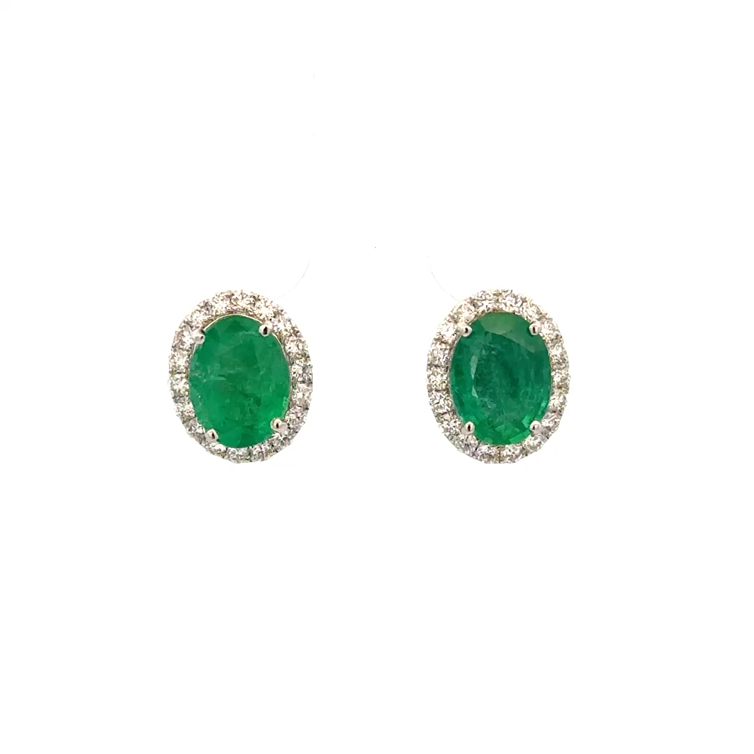 3.84cttw Emerald Halo Earrings | Diamond and Emerald Earrings | Diamond and Emerald Stud Earrings | 18k WG