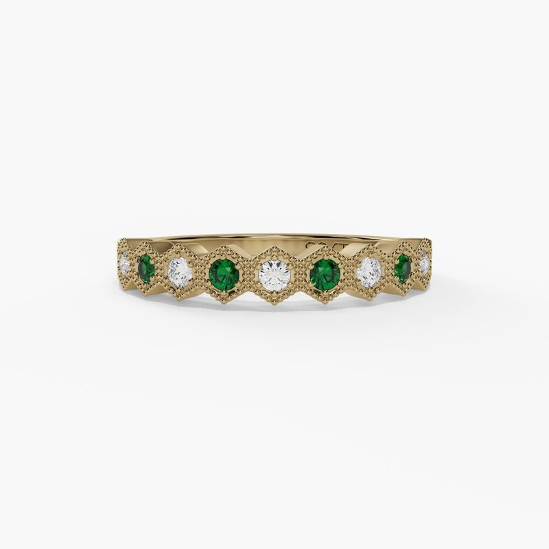 0.10cttw Hexagonal Emerald Band with 0.10cttw Diamond Accent in 14K Yellow Gold