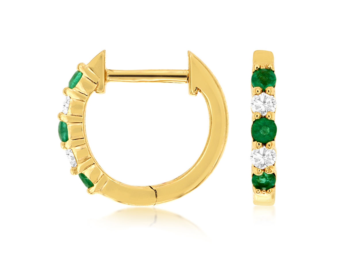 0.15cttw Emerald Huggies with 0.10cttw Diamond Accents Prong Set in 14K Yellow Gold