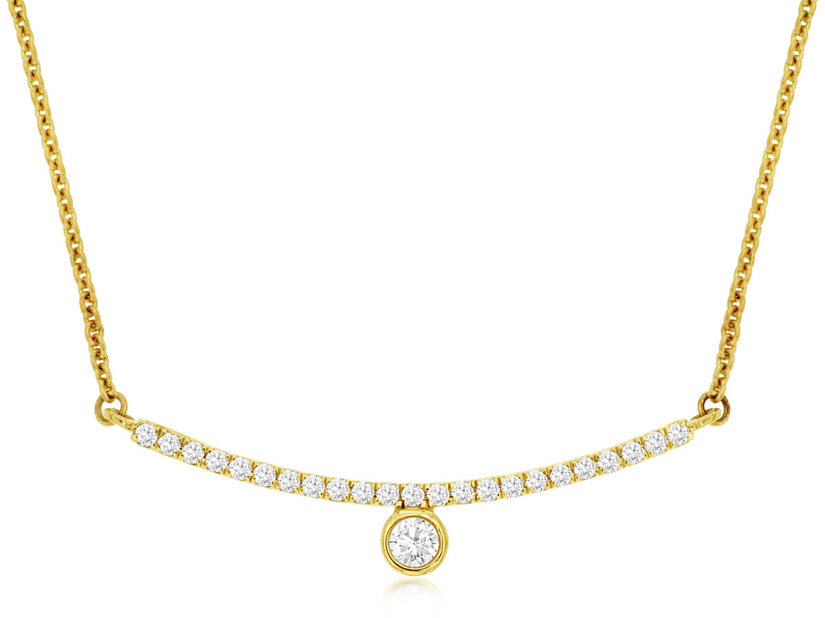 0.20cttw Diamond Bar Pendant with a Bezel Set Diamond Drop Accent in 14K Yellow Gold with an Adjustable 16-18 Chain