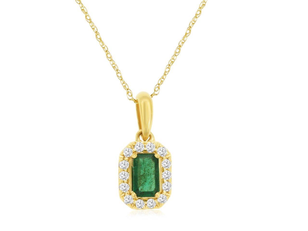 0.28ct Emerald Cut Emerald Pendant with a 0.10cttw Diamond Halo Accent Prong Set in 14K Yellow Gold on an 18 Chain