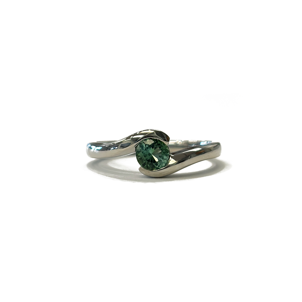 0.33ct Round Cut Maine Green Tourmaline Ring Half Bezel Set in 14K White Gold Wave Style Ring