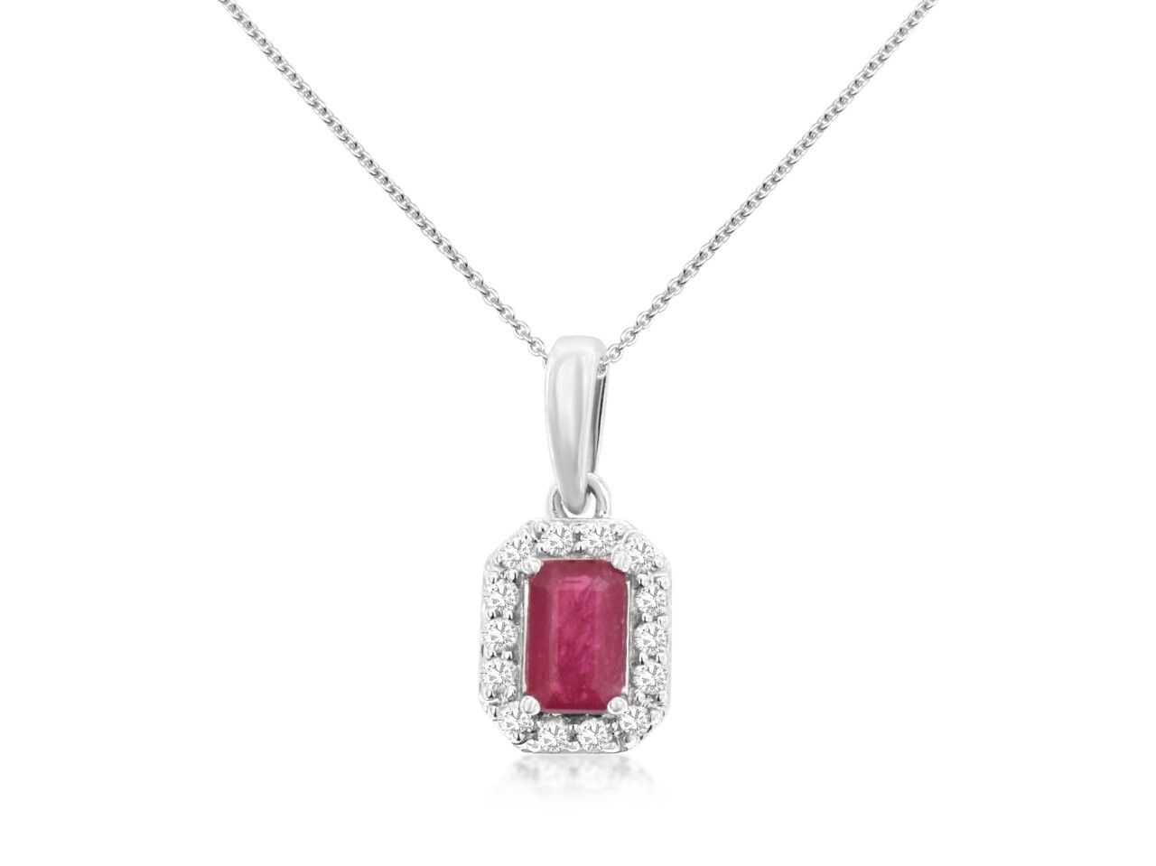 0.35ct Emerald Cut Ruby Pendant with 0.10cttw Diamond Halo Accent Prong Set in 14K White Gold on an 18 Chain