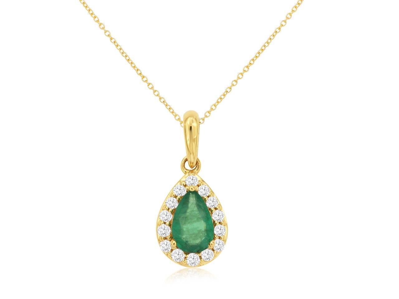 0.38ct Pear Cut Emerald Pendant with 0.12cttw Diamond Halo Accent Prong Set in 14K Yellow Gold on an 18 Chain