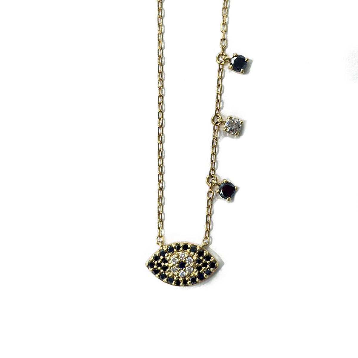 0.41cttw Black and White Diamond Evil Eye Necklace with a 0.01ct Blue Sapphire Iris Pavé Set in 18K Yellow Gold on an Adjustable Chain