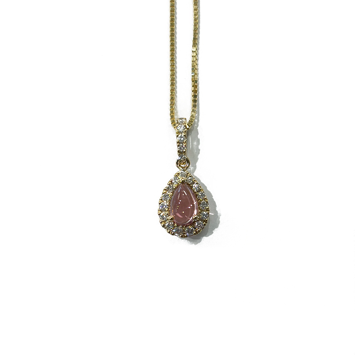 0.48ct Cabochon Cut Pear Shape Pink Tourmaline Pendant with a 0.14cttw Diamond Halo Set in 14K Yellow Gold on an 18 14K Yellow Gold Box Chain