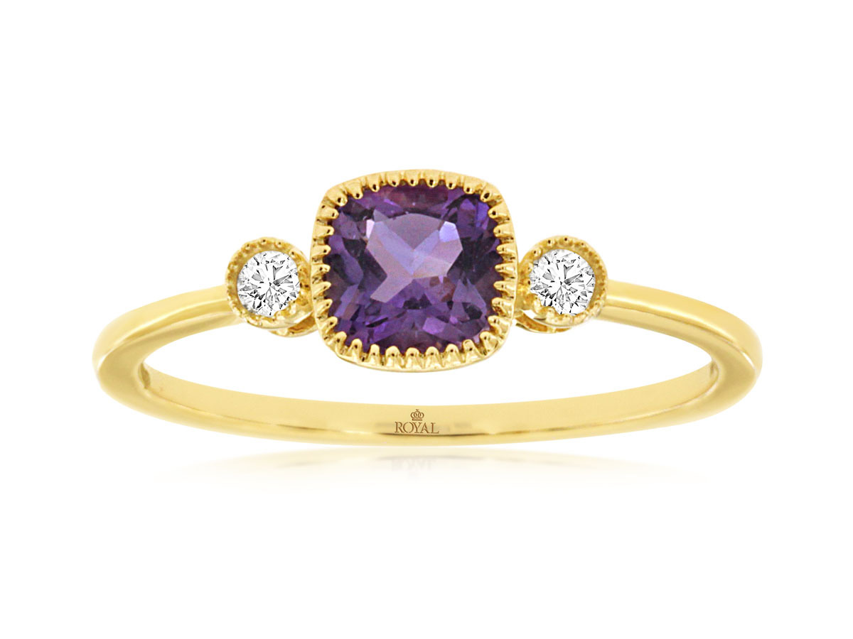 0.50ct Cushion Cut Amethyst Bezel Set with 0.06cttw of Diamonds in 14k yellow gold ring with millgrain accents