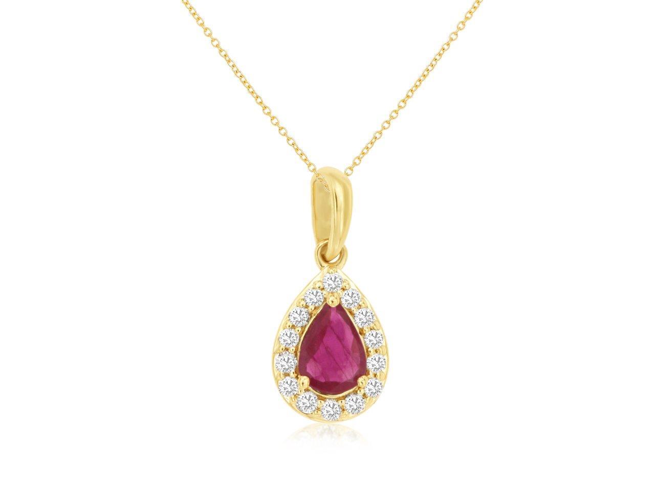 0.50ct Pear Cut Ruby Pendant with 0.12cttw Diamond Halo Prong Set in 14K Yellow Gold on an 18 Chain