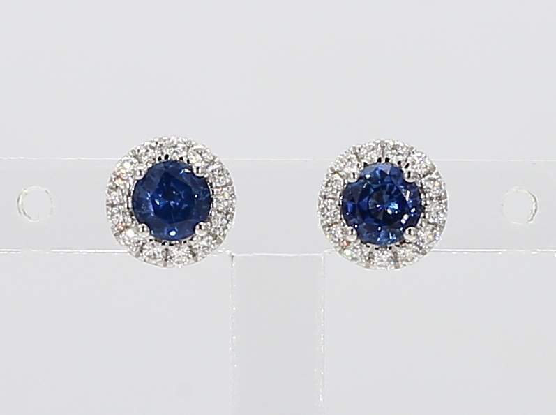 0.53cttw Round Cut Sapphire Stud Earrings with 0.18cttw Diamond Halos Prong Set in 14K White Gold