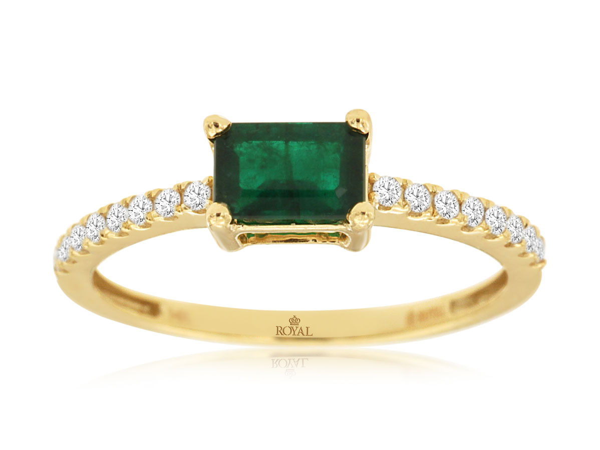 0.55ct Emerald Cut Emerald Ring East-West Set with 0.14cttw Diamond Shank Accents Prong Set in 14K Yellow Gold